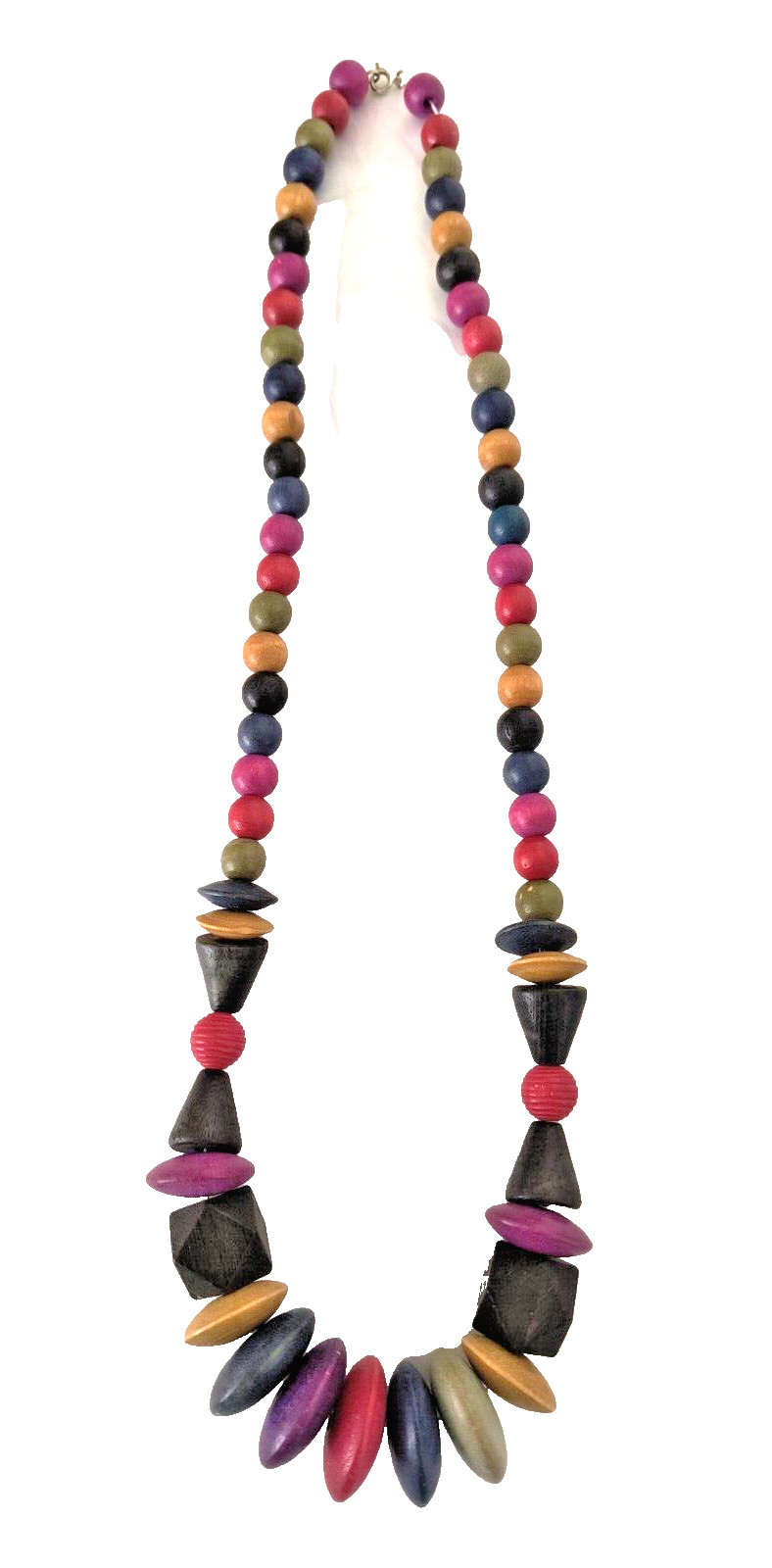 Women’s Statement Necklace Multicolor Wooden Beads Assorted Sizes 15 in drop