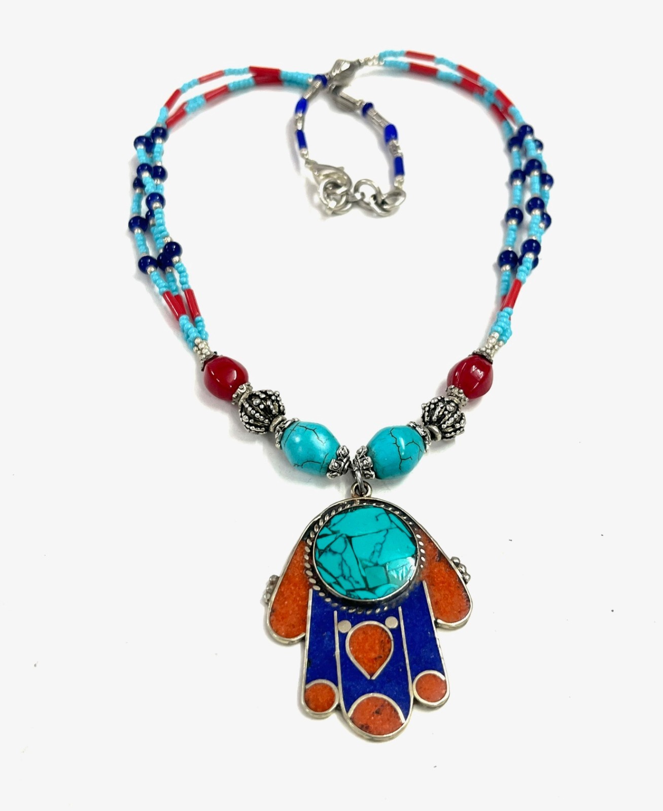 Turquoise Lapis Coral Gemstone Tibetan Pendant Necklace Jewelry, 18 Inc Adjs