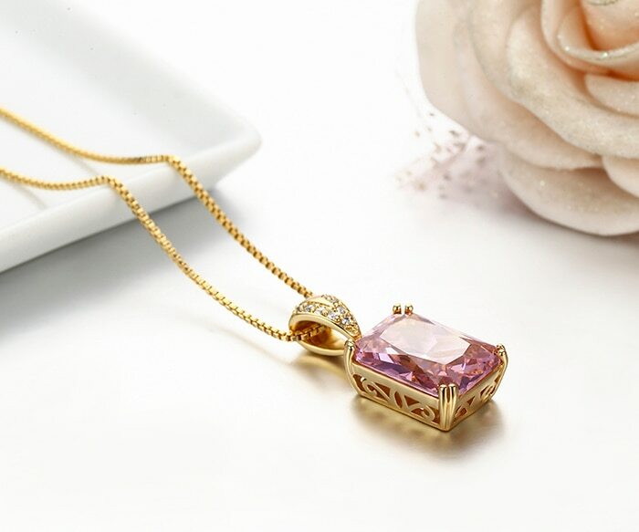 ZARD Pink CZ Solitaire Emerald Cut Pendant Necklace in Gold Vermeil