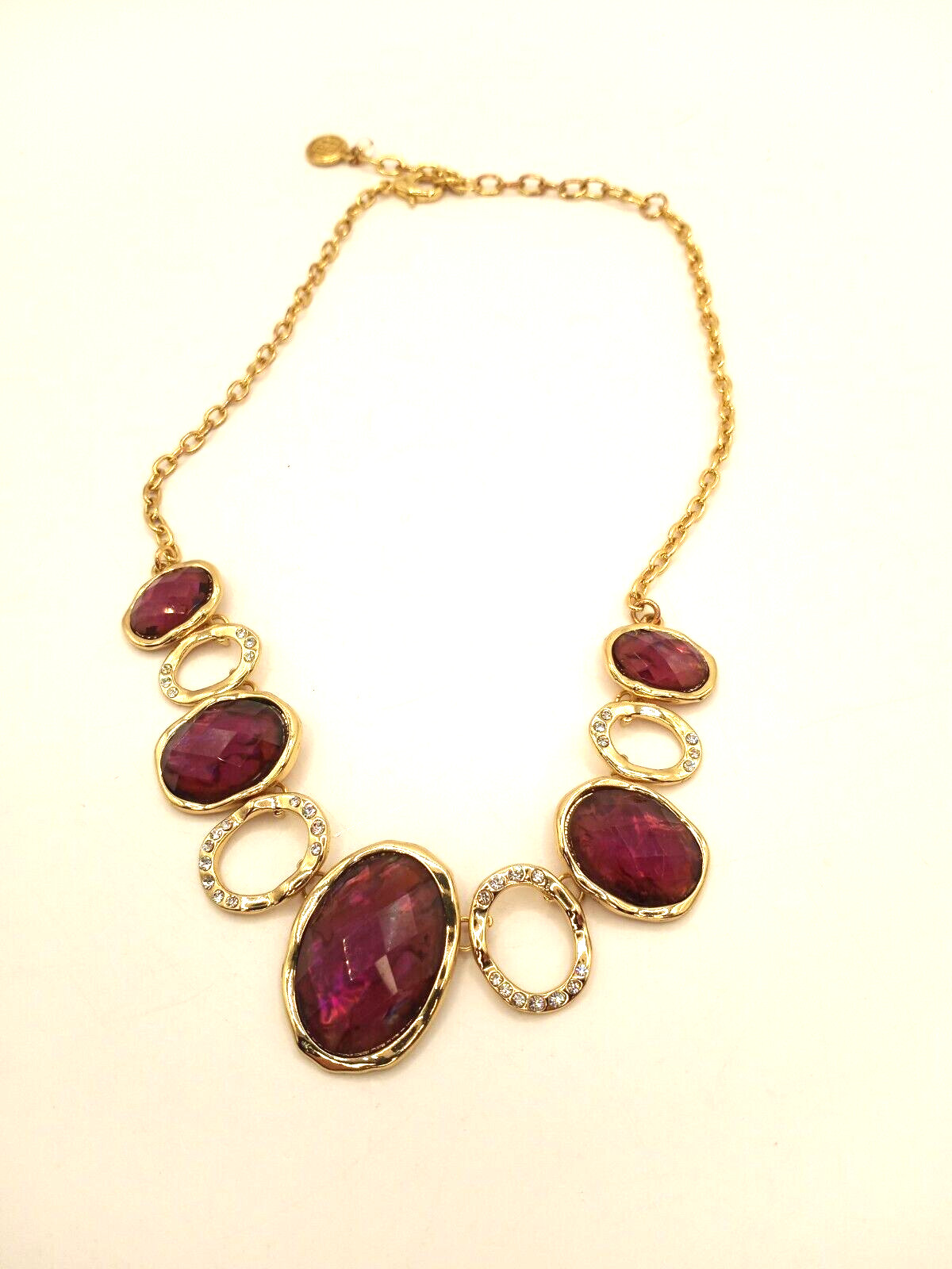 Purple Faceted Acrylic Gem and Colorless Rhinestone in Gold Tone Necklace Marked