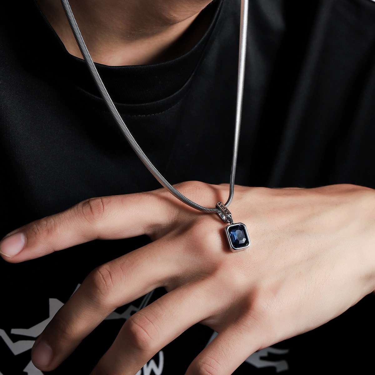 Titanium Steel Snake Chain Pendant Necklace Lucky Square Blue Cubic Zirconia