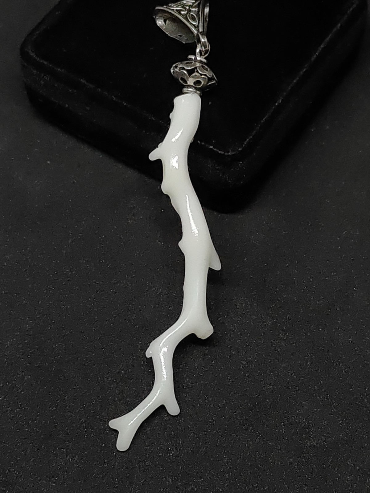 Milky White Coral Pendant, Silver Brass Handmade Vintage Jewelry