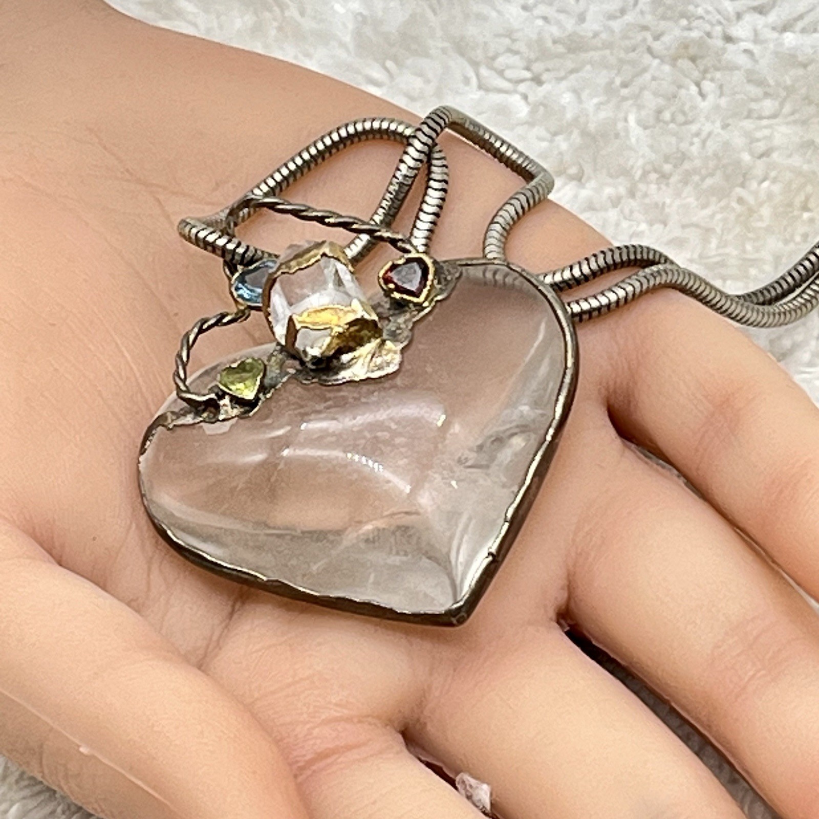 Chunky Heart Necklace Art Glass Pendant Boho Fairycore 21″ Adjustable