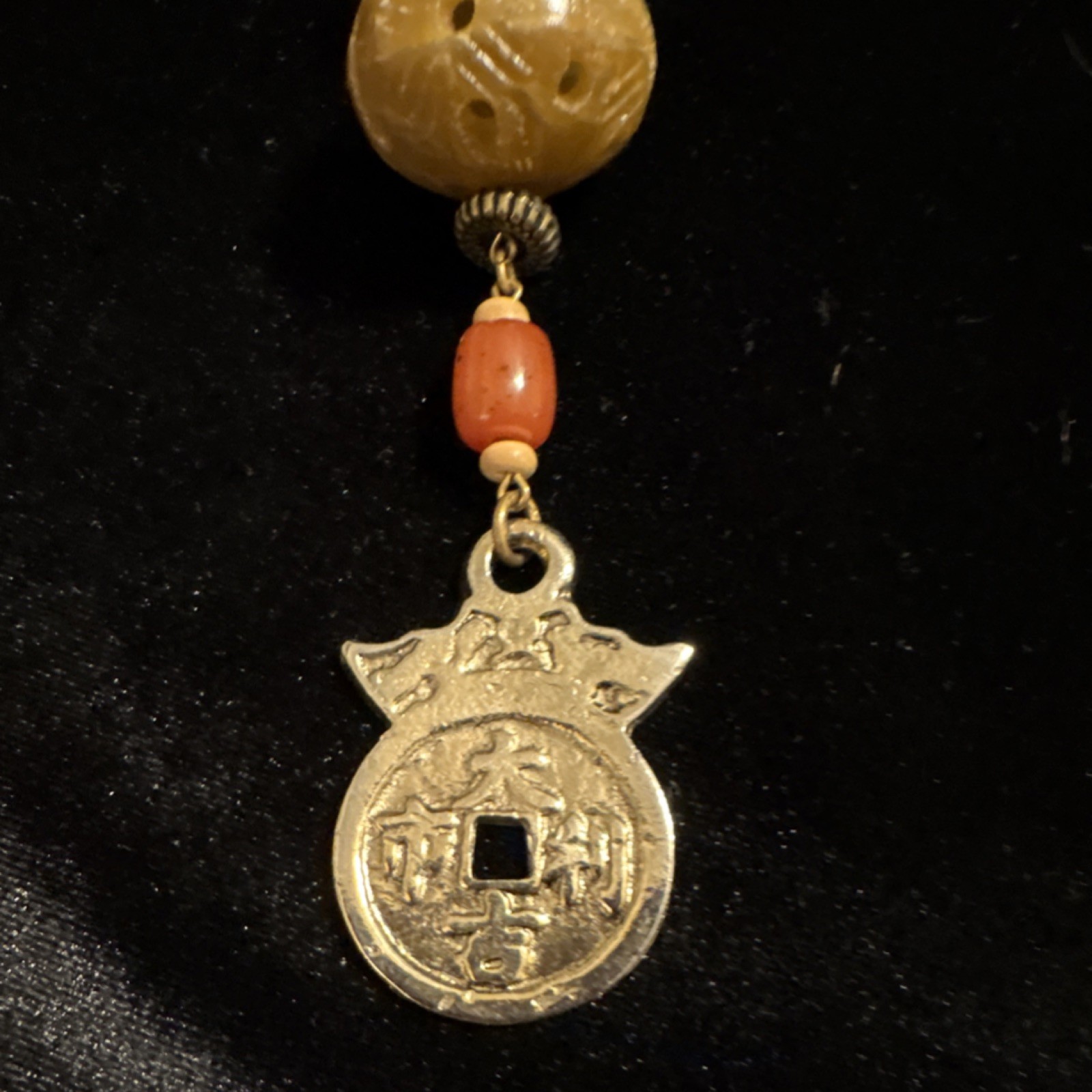 Vtg Multicolor Wood, Metal & Carved Bead Cord Necklace with Asian Charm Pendant