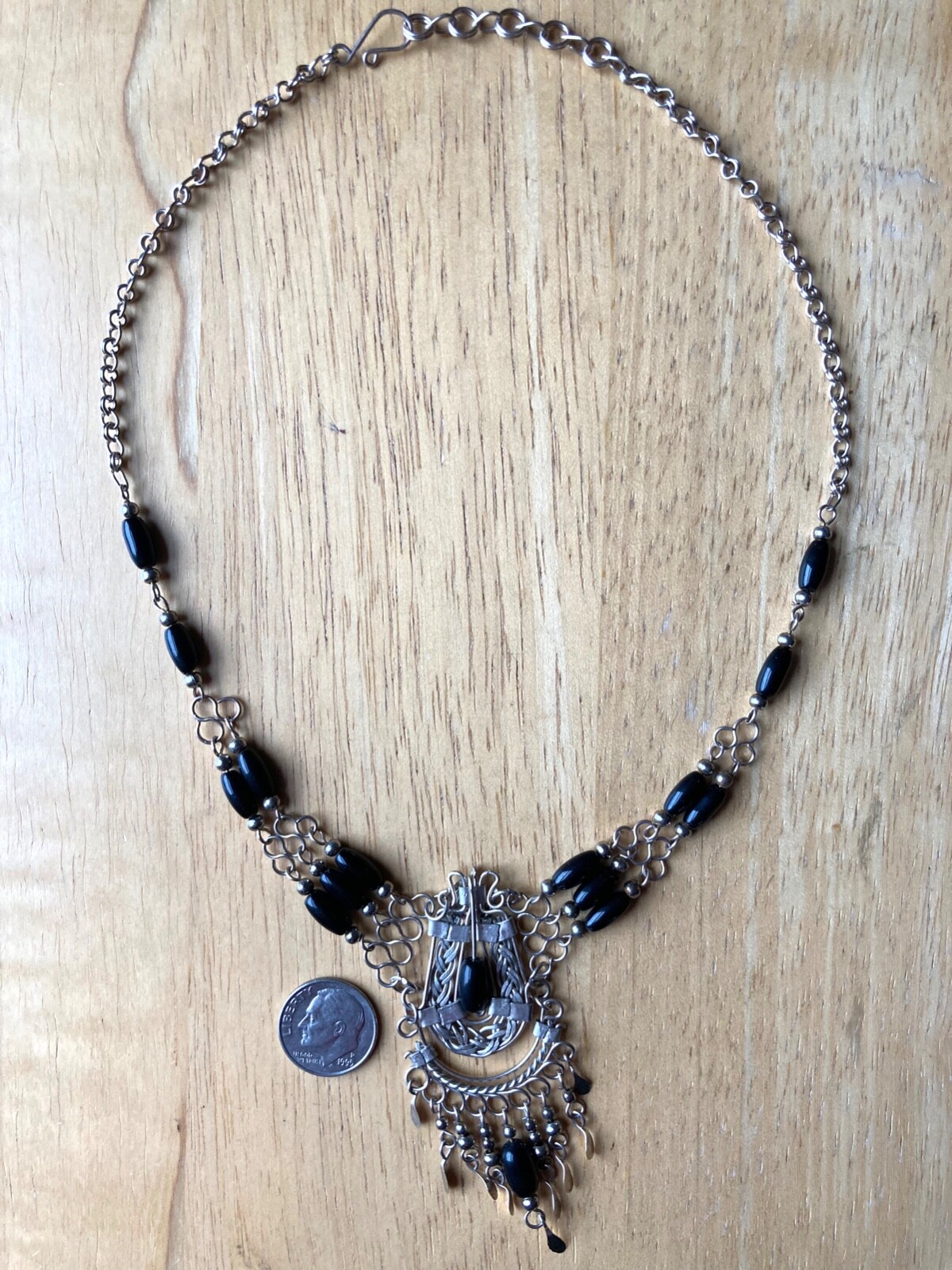 New Handmade Peruvian Alpaca Silver Black Beaded Chocker Necklace 17″ Long