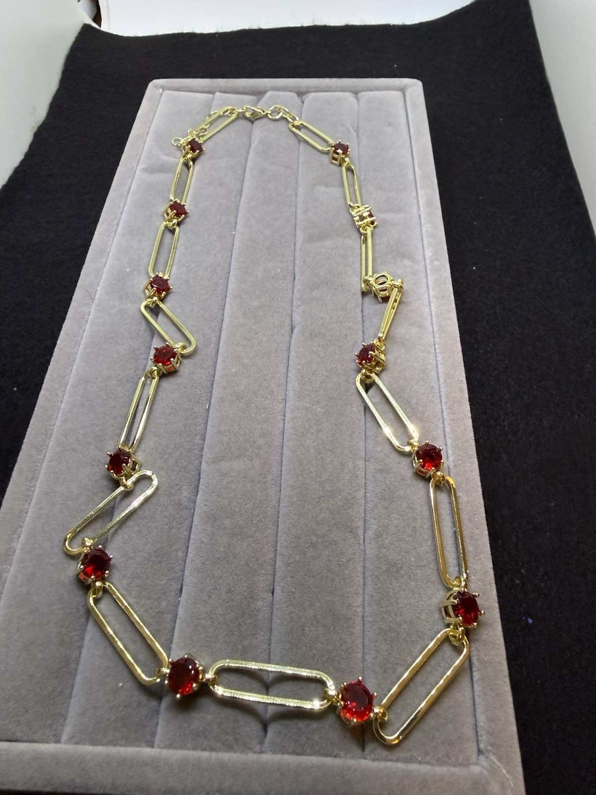Red Austrian Crystal Paperclip Chain Necklace 18-20 Inches In Goldtone.