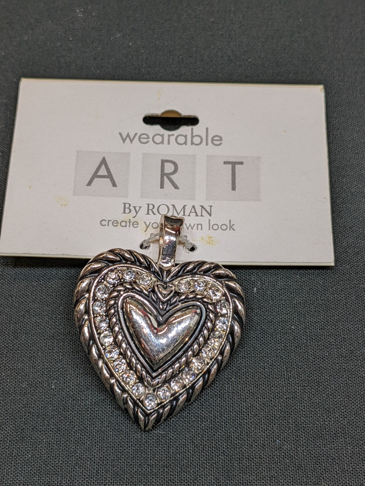 Wearable Art By Roman Silver Tone Rhinestone Heart Pendant Enhancer Charm NWT