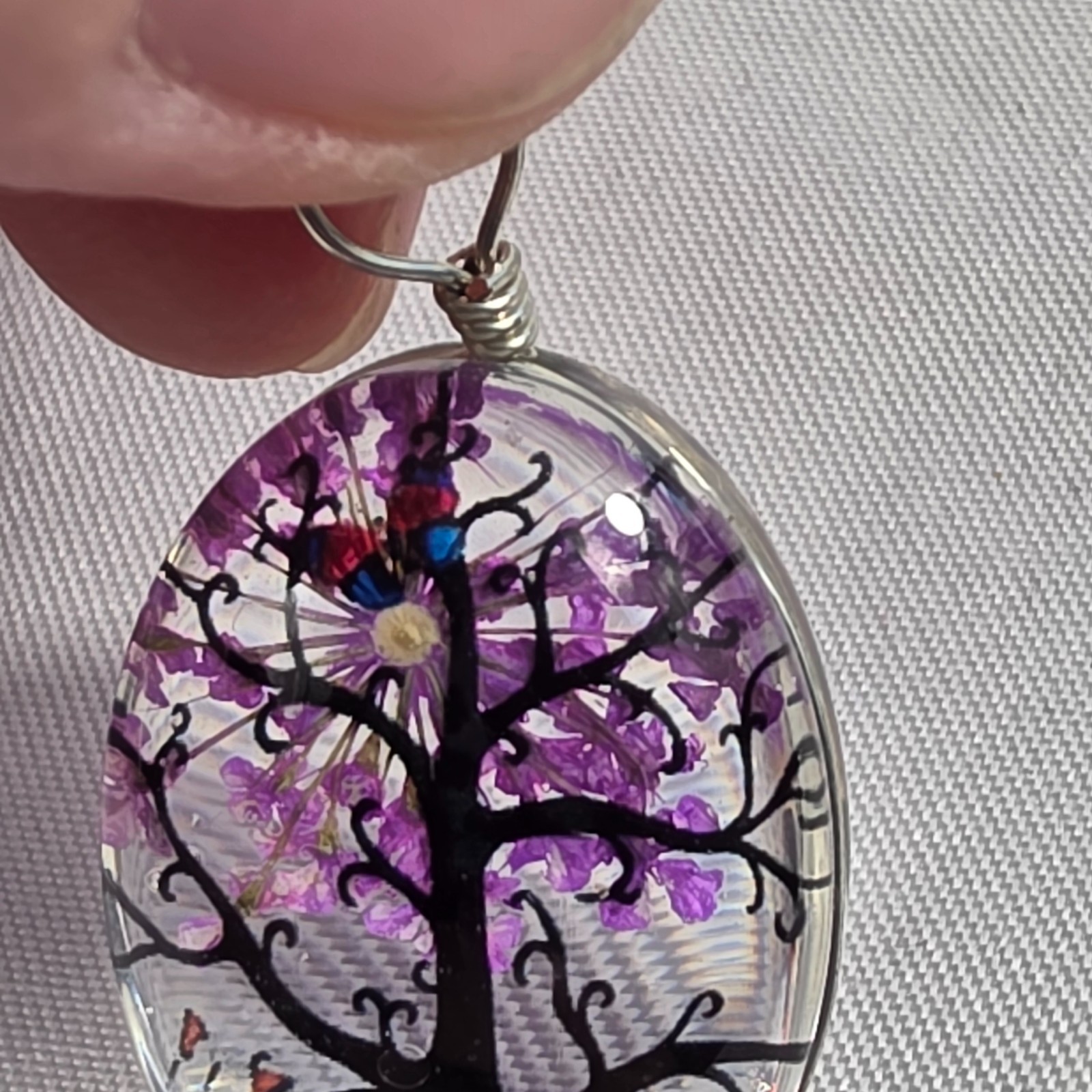 Tree of Life Resin Oval Pendant Dried Purple Flowers Butterflies, Tree & Grass