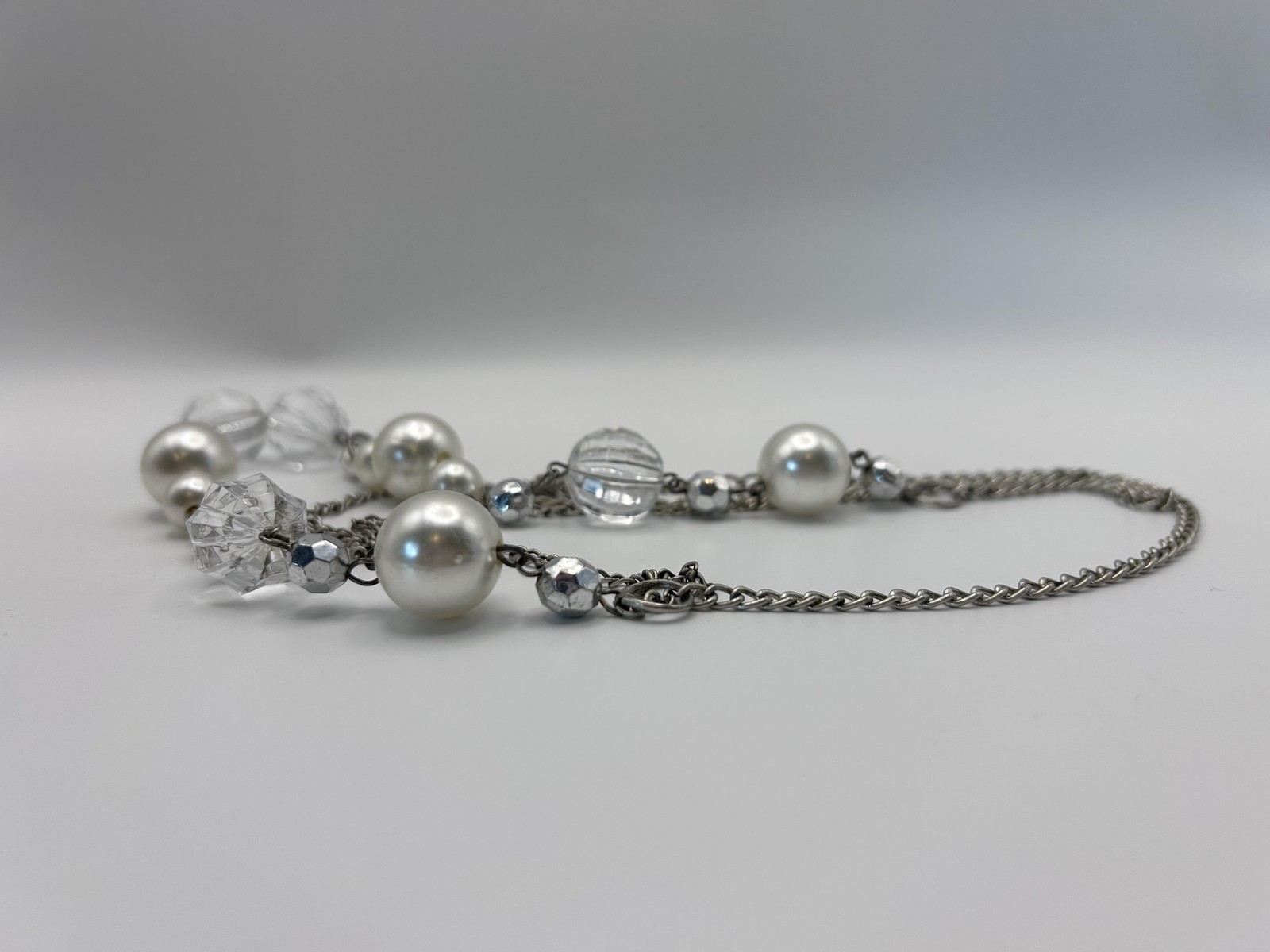 Necklace Silver Tone Layered Imitation Pearl Beaded Statement Lobster Clasp