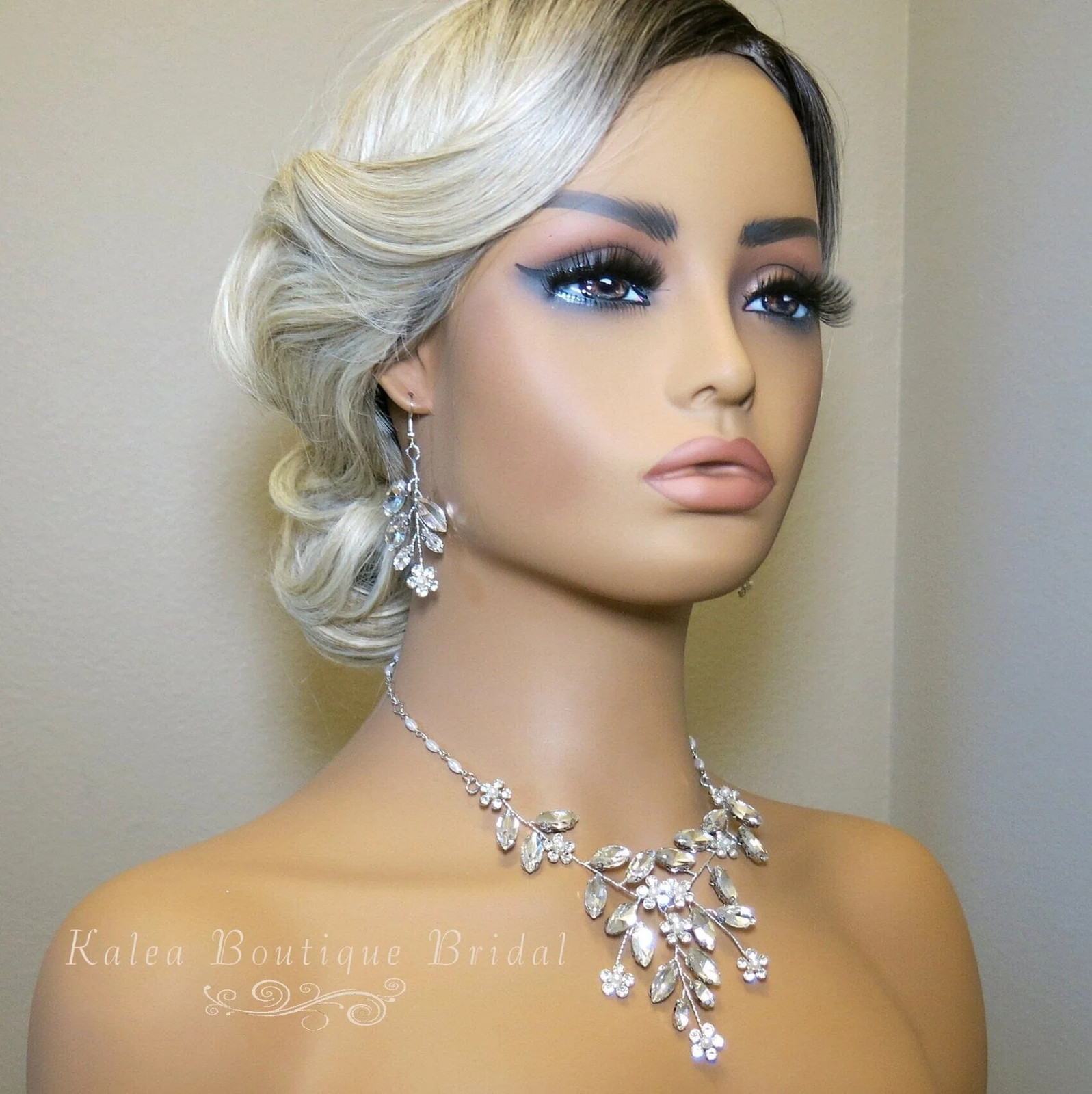 Wedding 3 PC Crystal Wire Jewelry Set, Bridal Floral Gem Necklace and Earrings