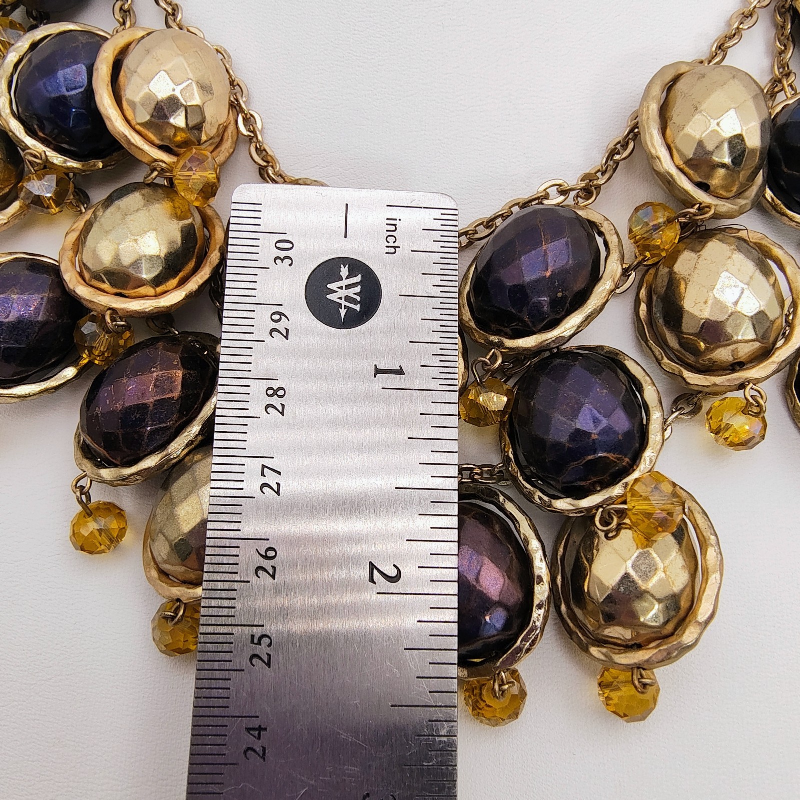 Hammered Bead Bib Statement Necklace Gold Tone Plum Purple Chunky Maximalist