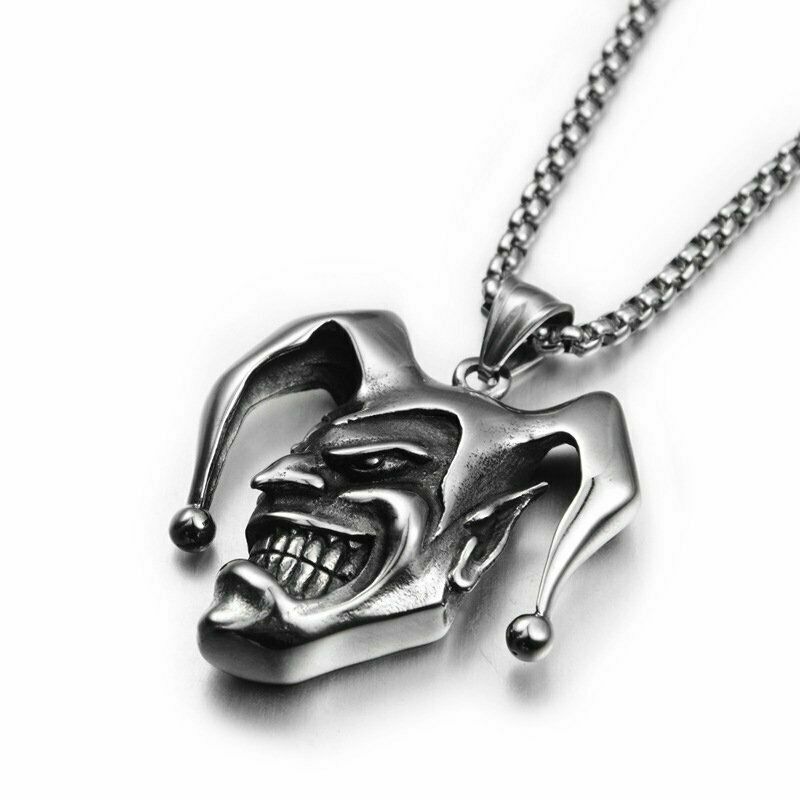 Mens Stainless Steel Punk Boys Joker Clown Pendant Necklace Jewelry Chain Gift