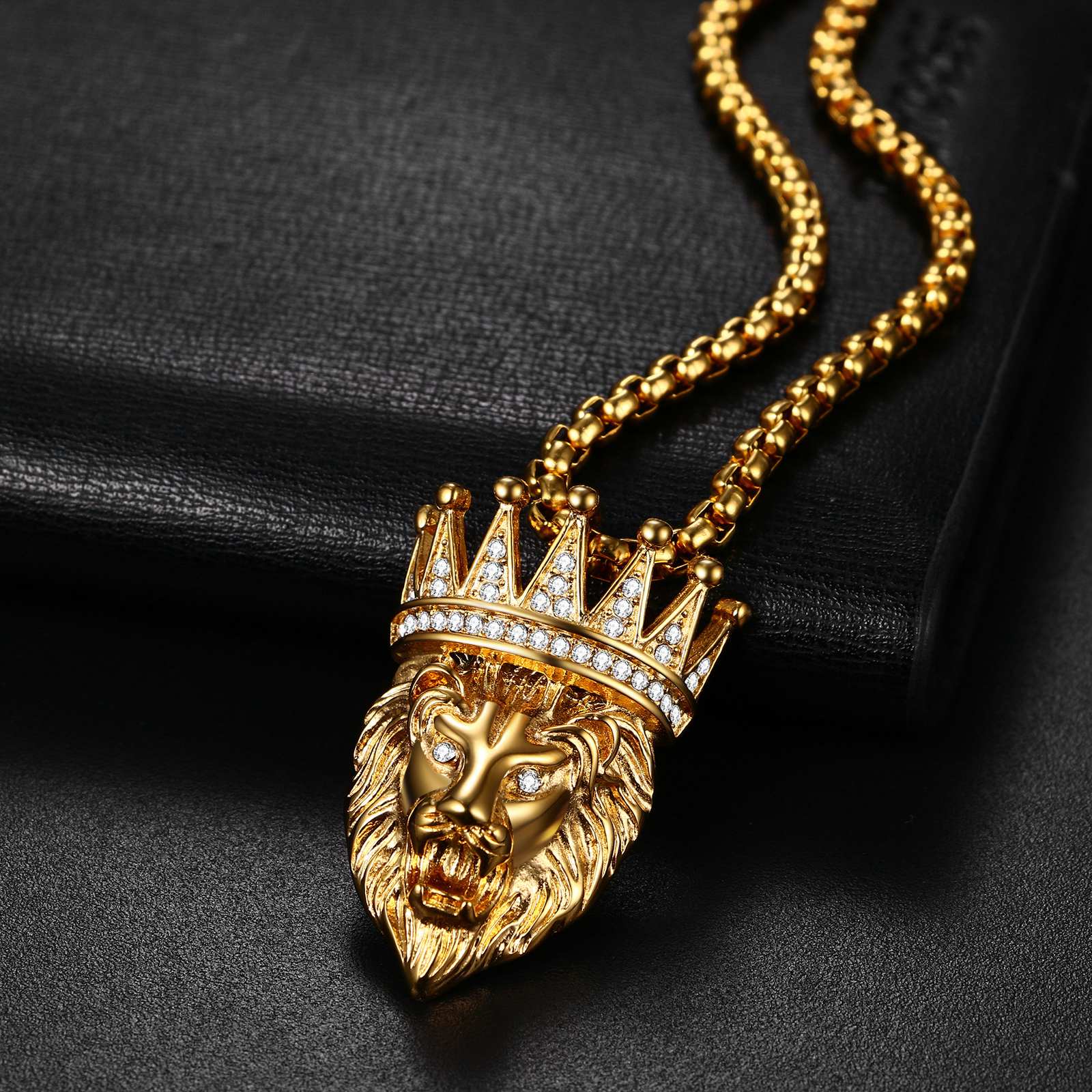 Mens Boys Hip Hop Gold Tone Lion Head Stainless Steel Pendant Necklace Chain 22″