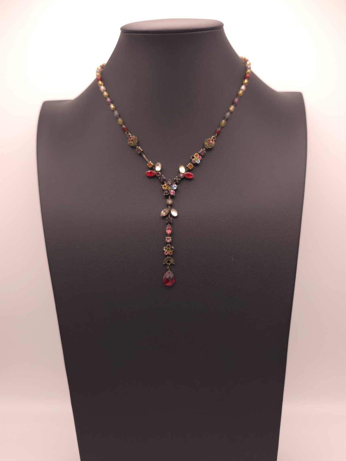Vintage Multicolor Beaded Y-Drop Necklace Red Teardrop Crystal Floral Drop