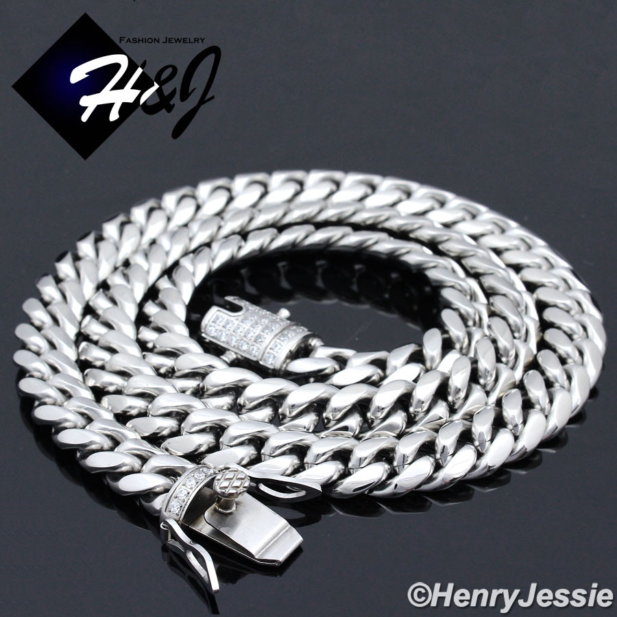 18″-40″MEN Stainless Steel 10mm Silver ICY CZ Miami Cuban Curb Necklace*N158