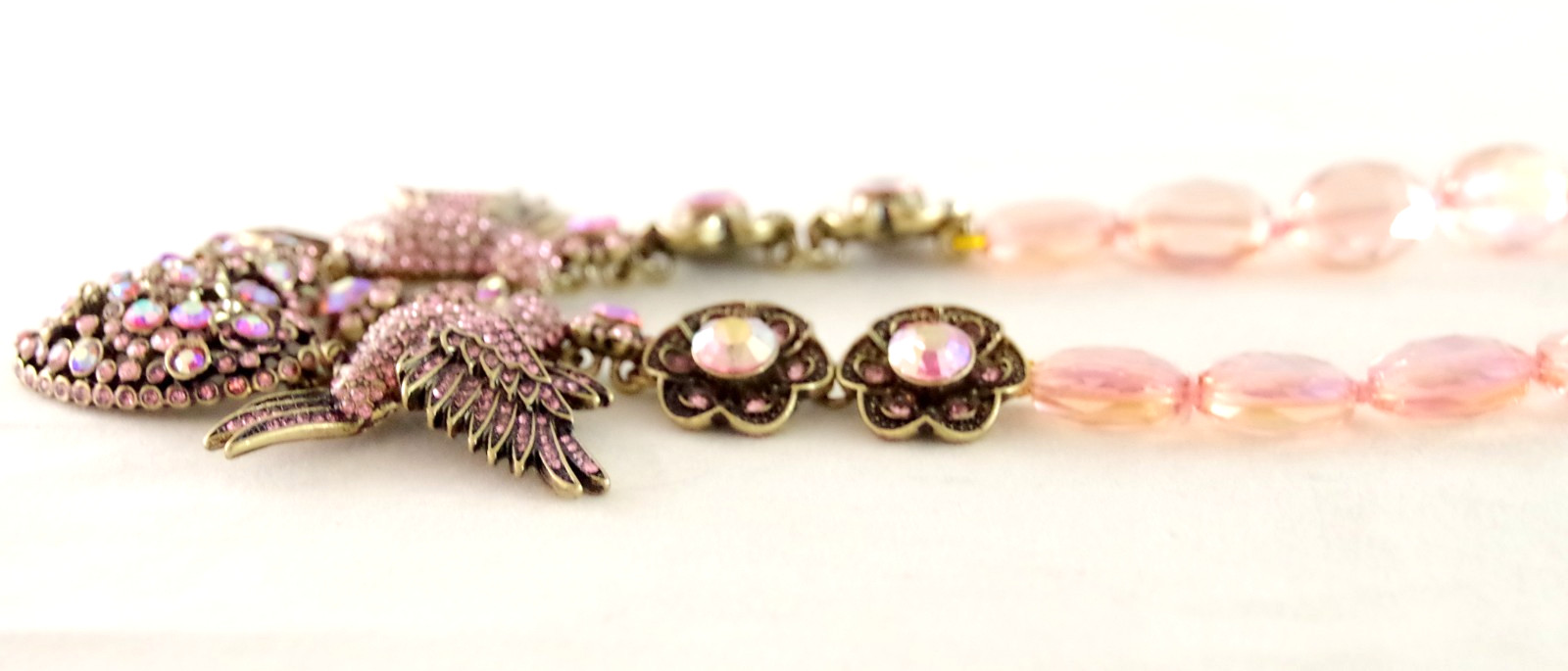 DESIGNER STYLE PINK AB CRYSTAL RHINESTONE LOVE BIRDS VALENTINE HEART NECKLACE