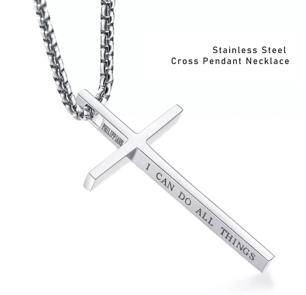 Men Women Cross Necklace Stainless Steel Christian STRENGTH Pendant Chain 24″