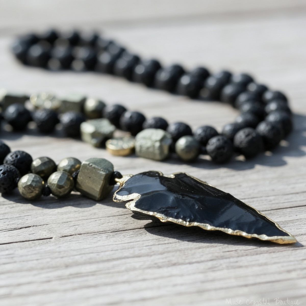 Natural Obsidian Arrowhead Pendant Necklace Lava Rock Beaded Tribal Jewelry Gift