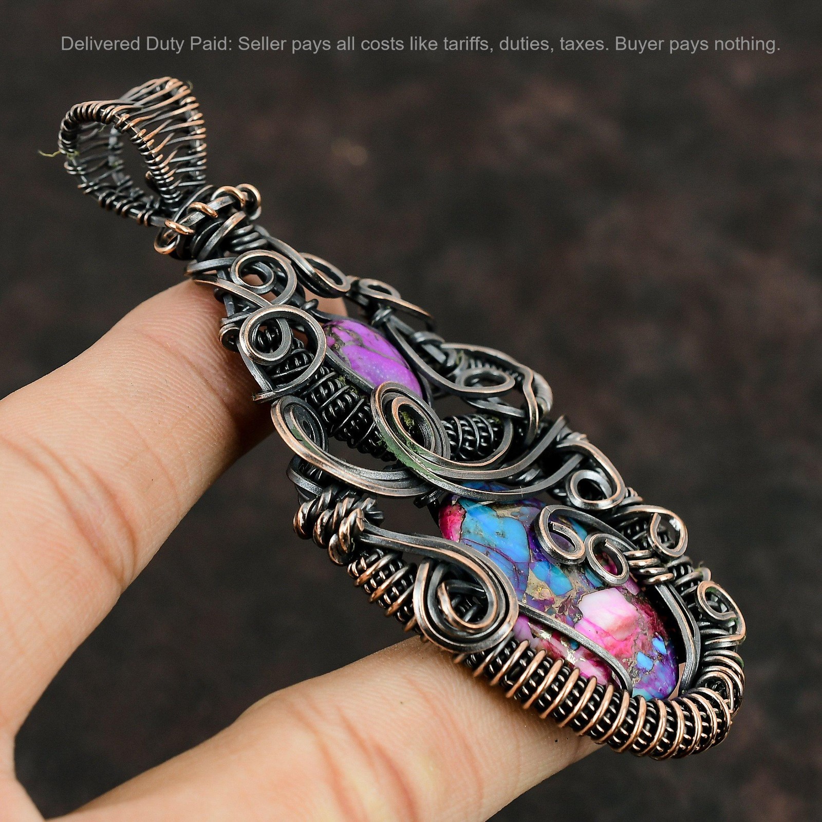 Copper Oval Natural Kingman Pink Dahlia Turquoise Wire Wrapped Pendant Jewelry