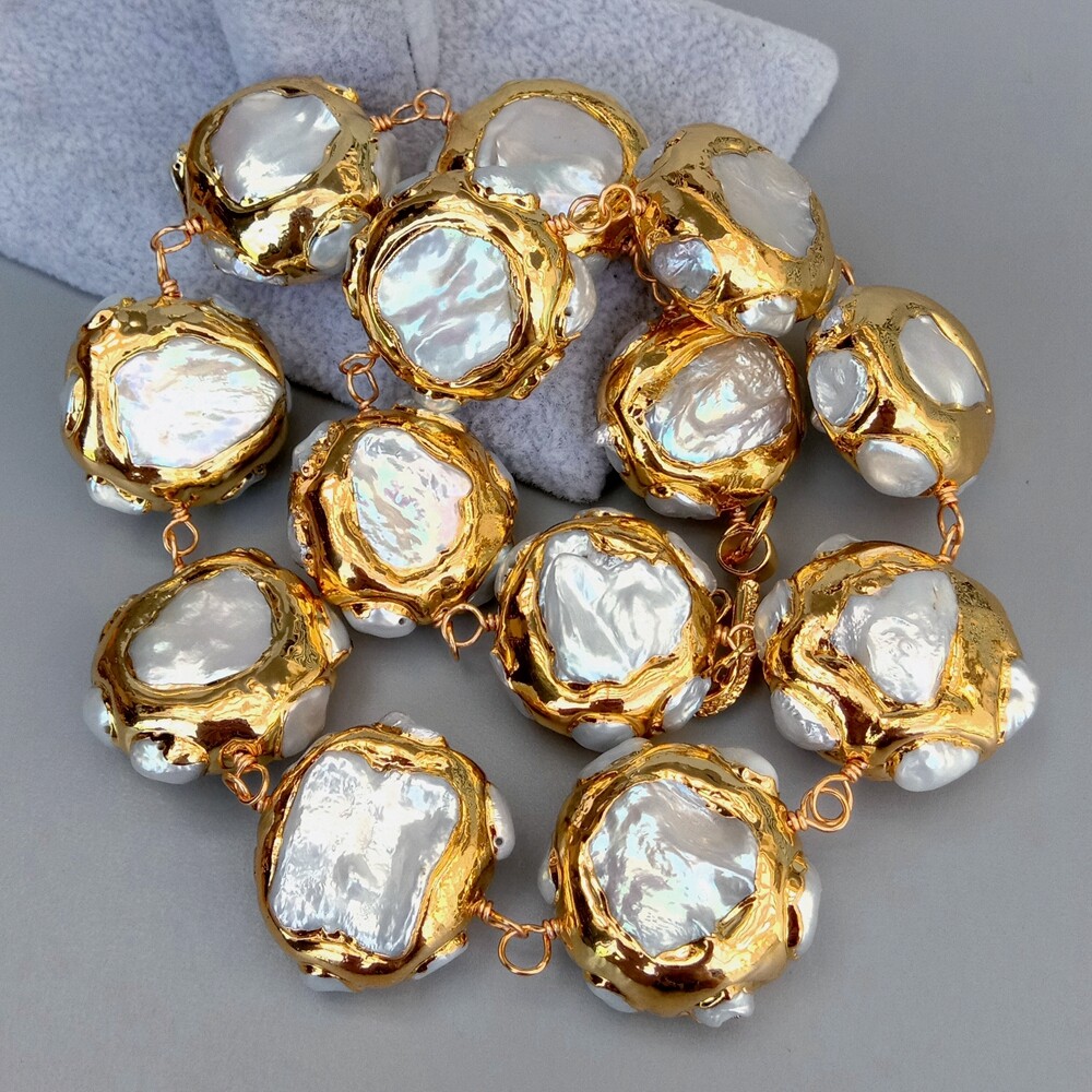 19.5″ Freshwater Cultured White Keshi Pearl Electroplated 24k Gold Necklace