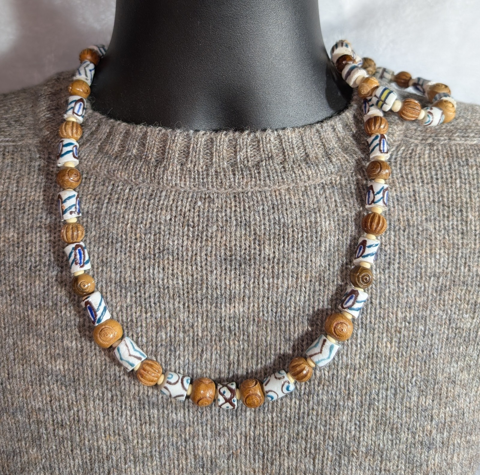 Men’s 24in Tribal Necklace and 8in sizeable Bracelet, White Krobo, for healing