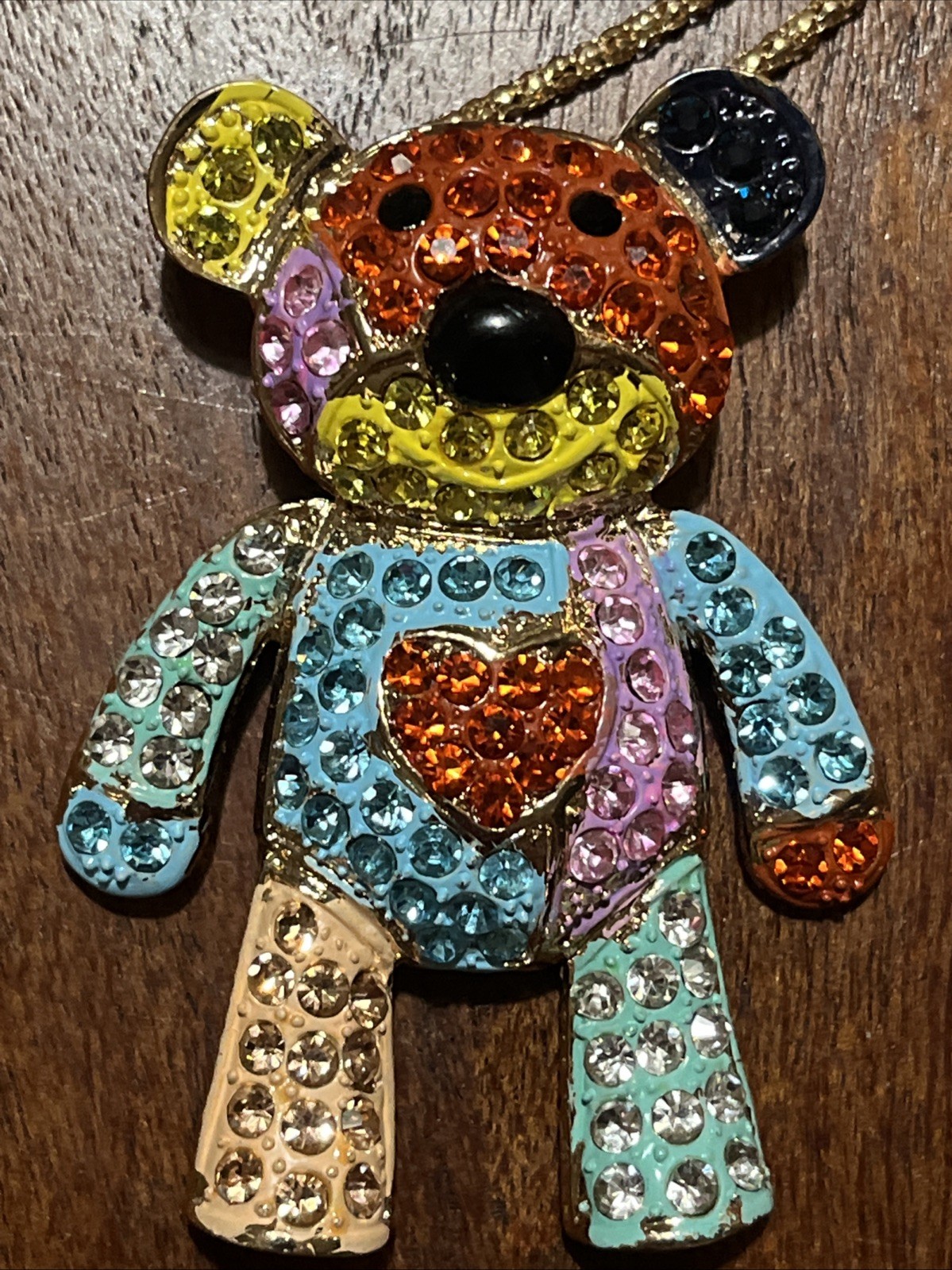 Betsey Johnson Teddy Bear Necklace Brooch Crystals 16” Chain Signed *READ*