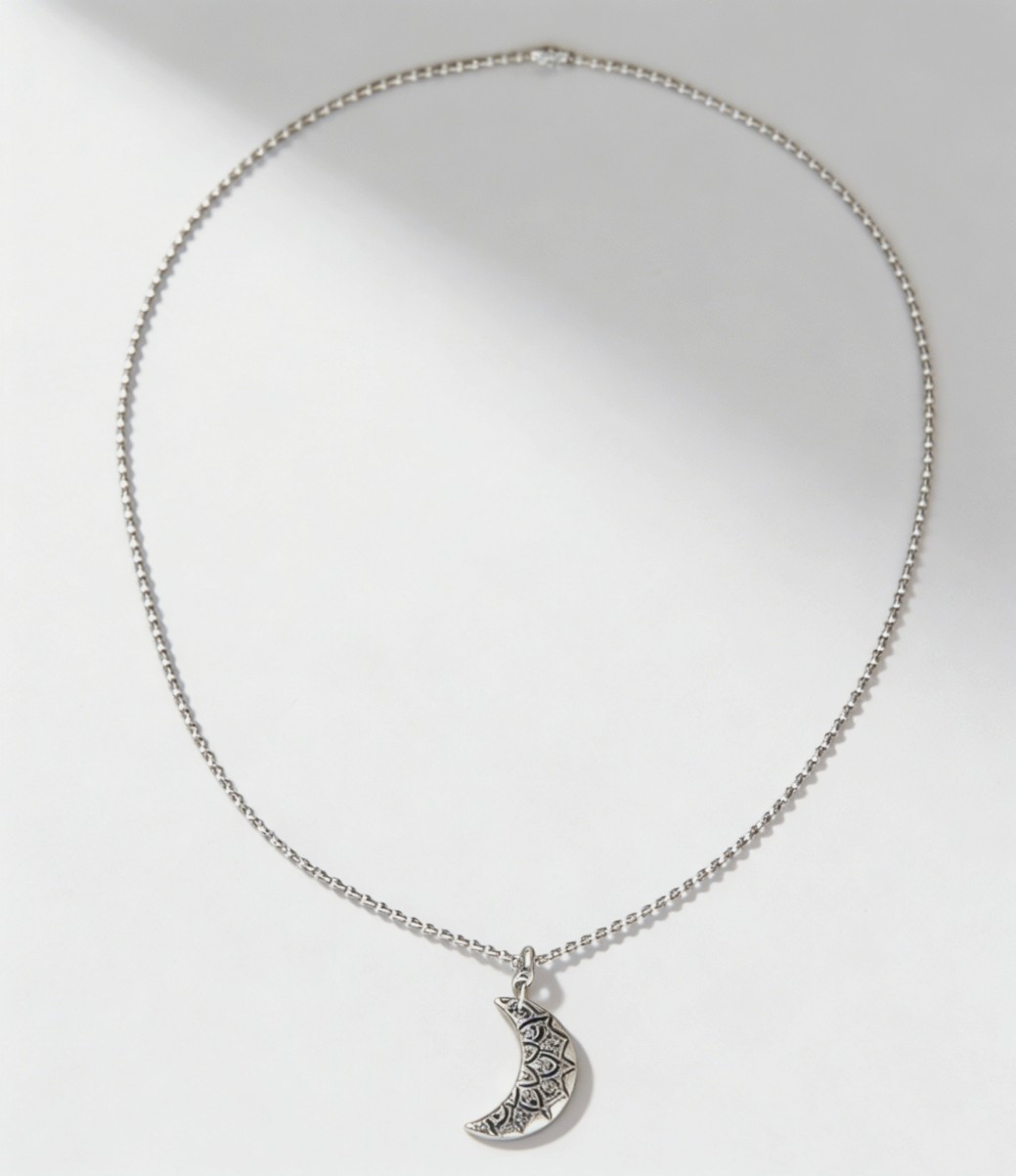 Bohemian Retro Carved Pattern Moon Pendant Small Round Beads Chain Necklace