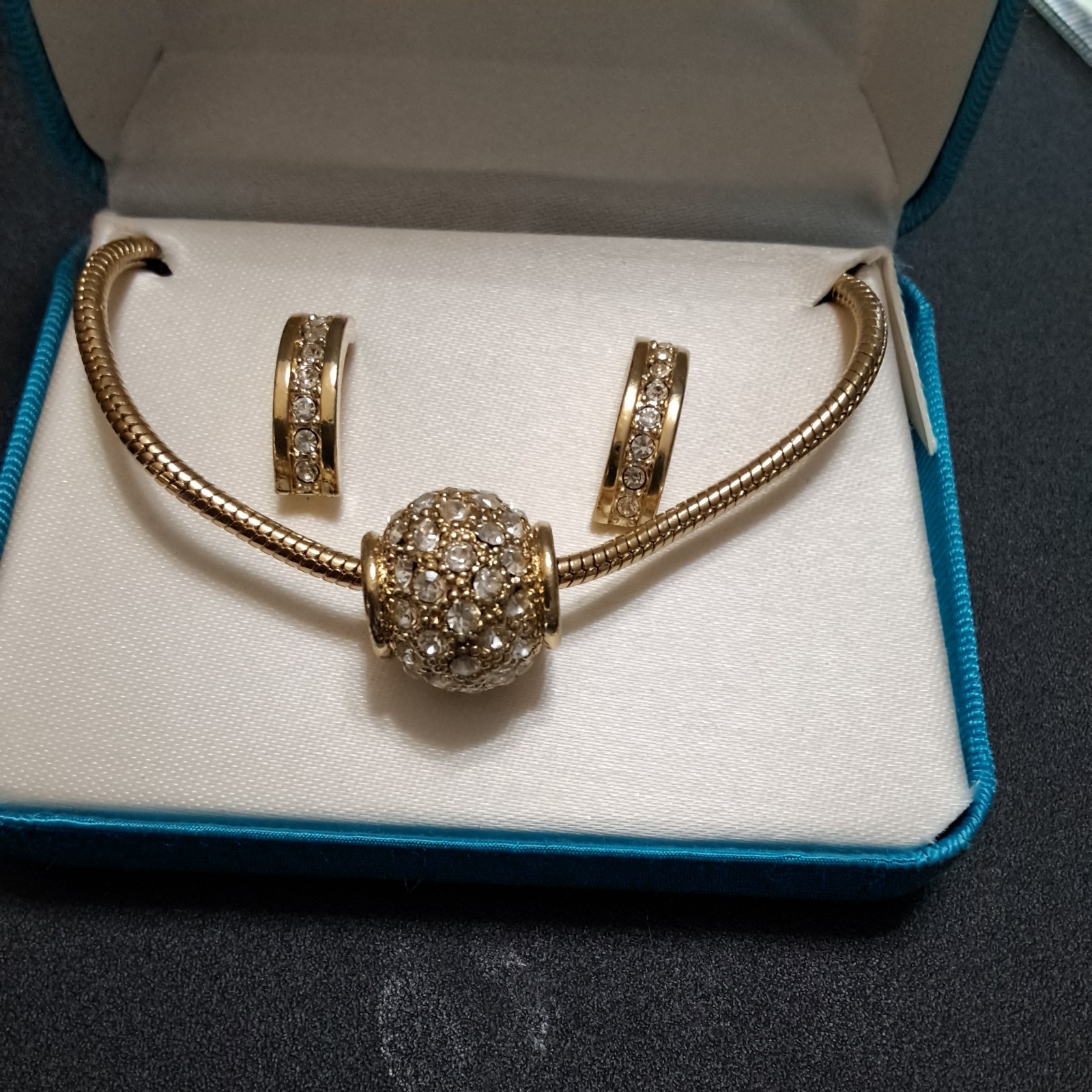 16″ GOLD SLIDER BALL SNAKE CHAIN NECKLACE & HALF HOOP PIERCED EARRINGS NIB #36