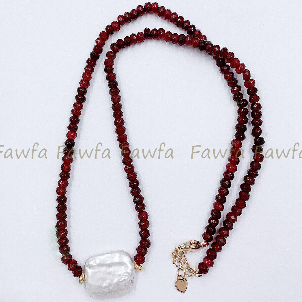 Faceted 2x4mm Red Garnet Natural 15x20mm White Baroque Pearl Pendant Necklace