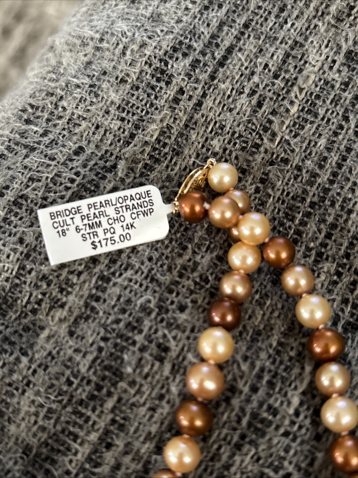 New Bridge Pearl/Opaque Cultured Strand 18” 6-7MM 14k- $175 Neural Colors