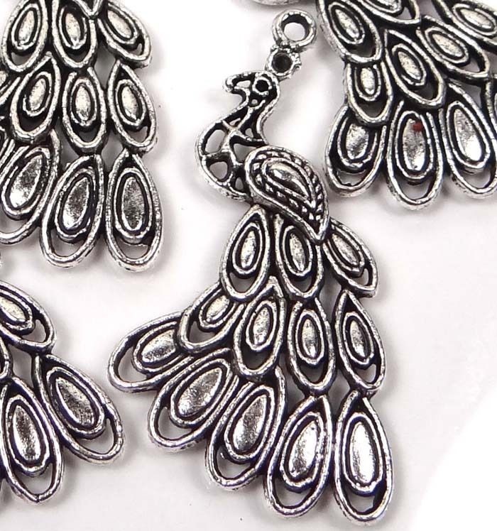 4 Antiqued Silver Pewter Peacock Pendant Charm 42x25mm