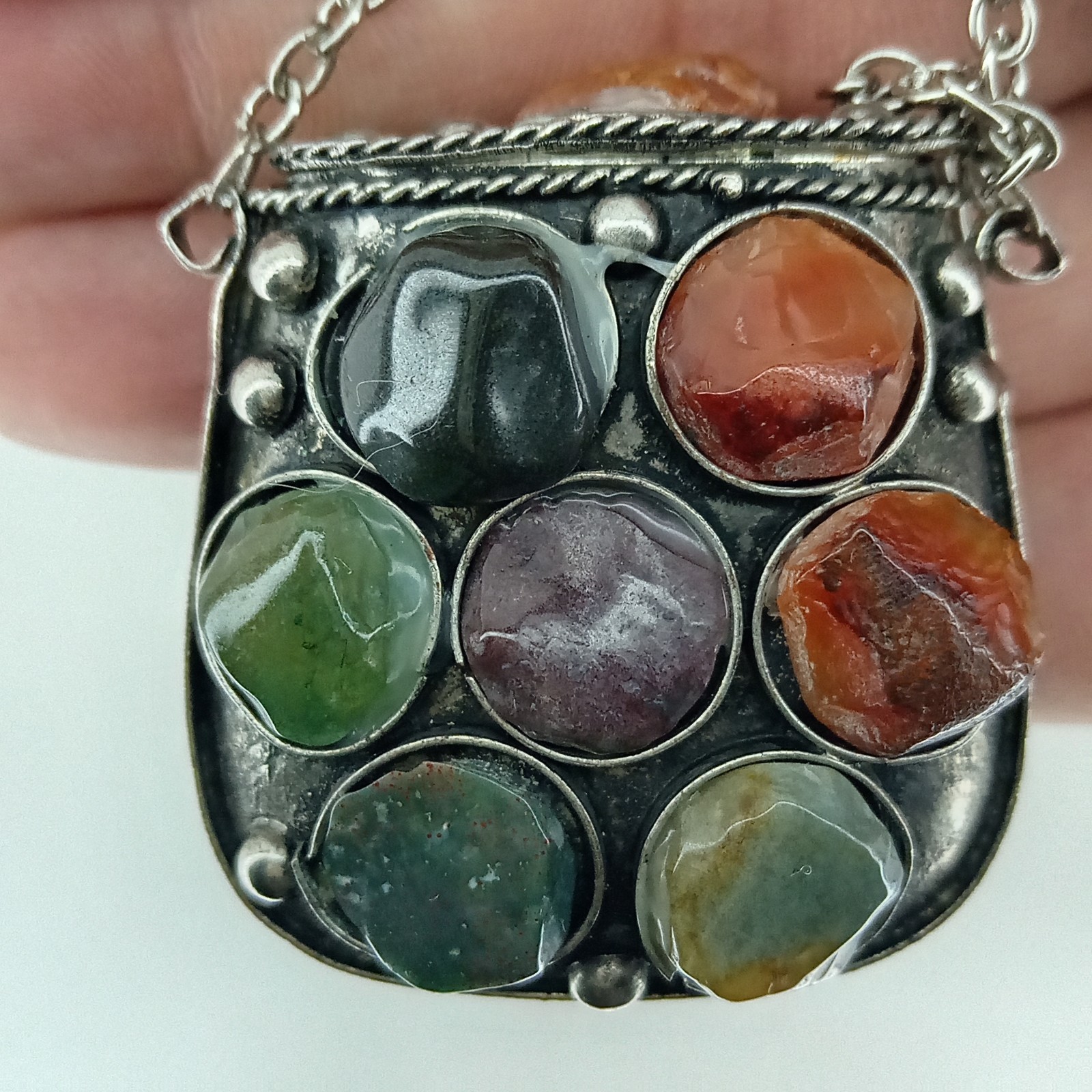 India 45MM Gemstone Antique Silver Brass Poison Locket Purse Pendant Necklace