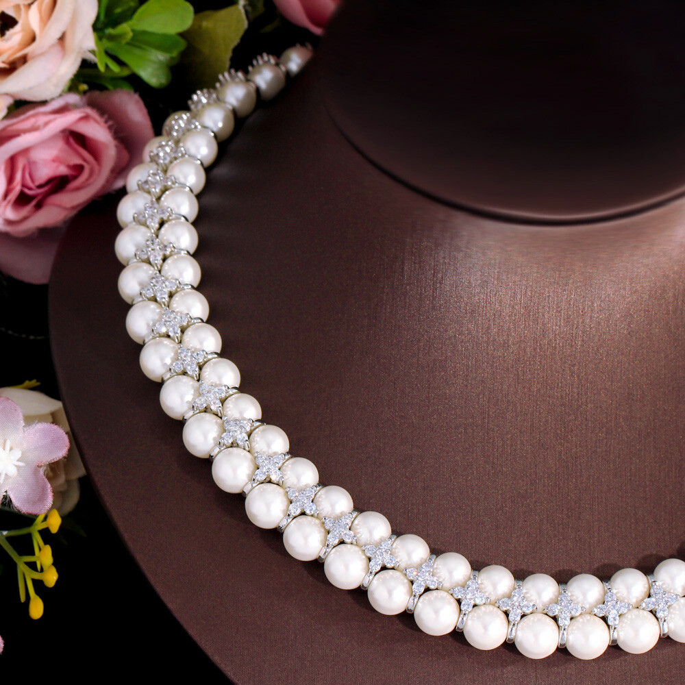 Handmade Pearl Cubic Zircon Multiple Cluster Wedding Engagement Choker Necklace