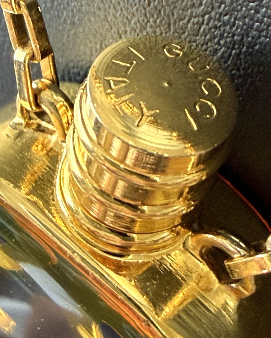 Vintage Gucci Navy Enamel GG Perfume Bottle Motif Necklace Pendant Gold-tone