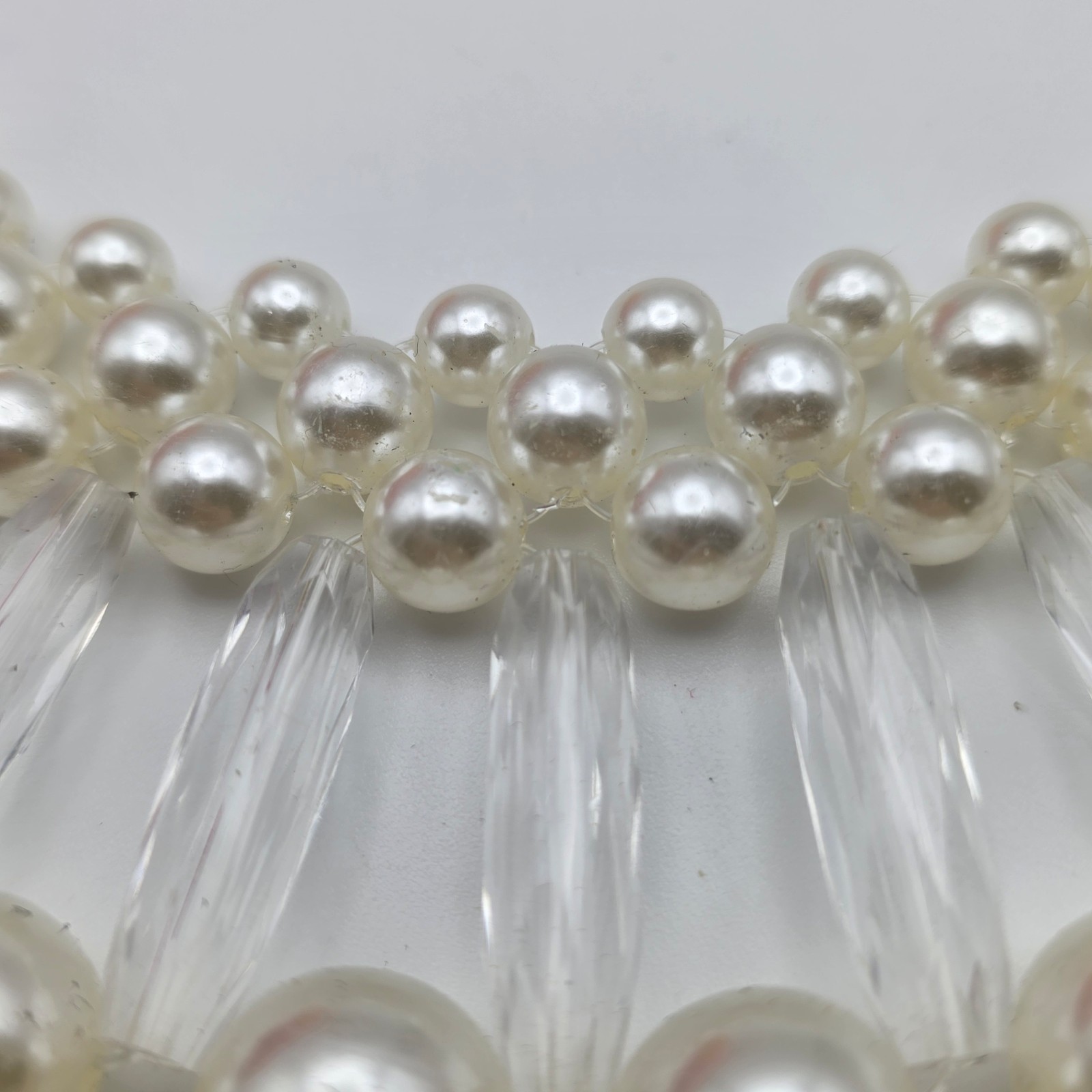White Faux Pearl Clear Acrylic Waterfall Bib Statement Necklace 19 In