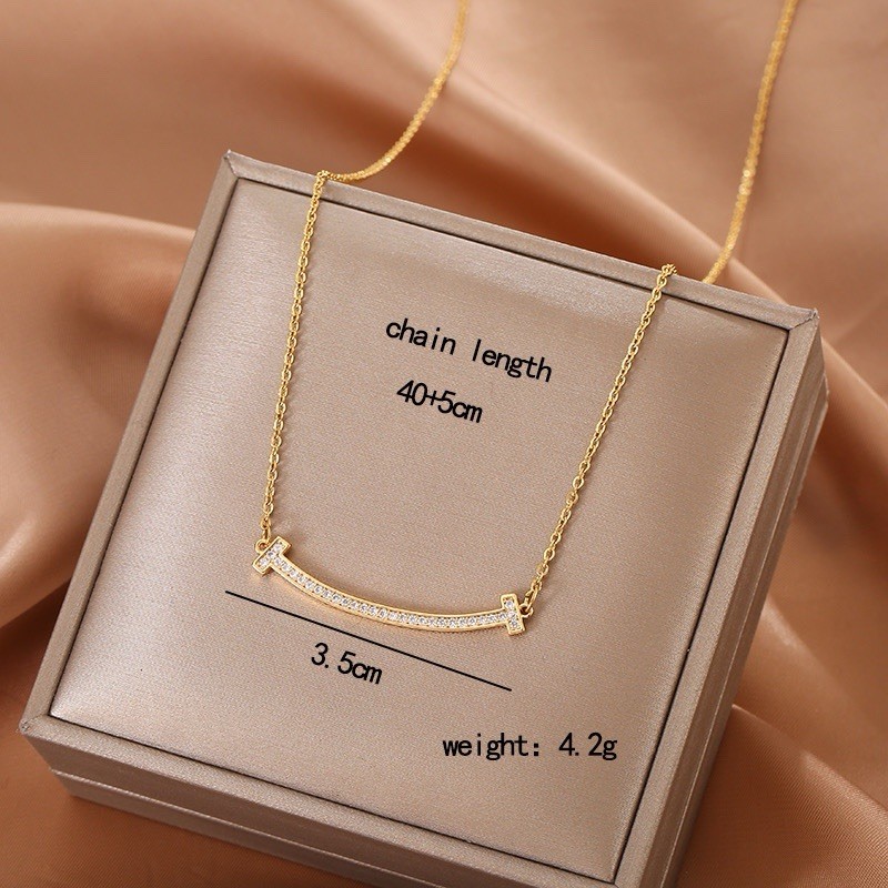 Gold Tone CZ Bar Pendant Cable Chain Necklace Adjustable 40-50 cm