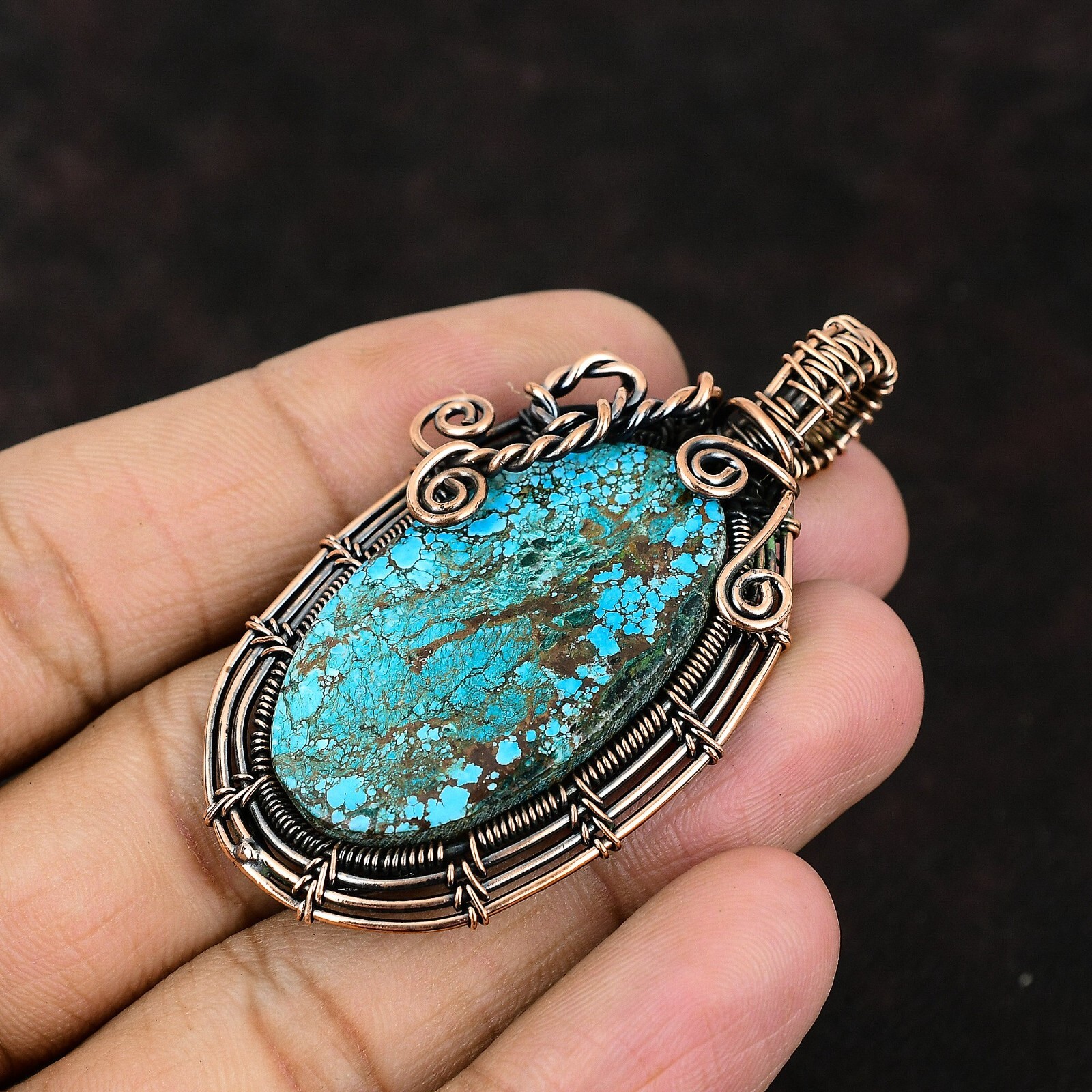 Tibetan Turquoise Jewelry Copper Gift For Love Wire Wrapped Pendant 2.48″