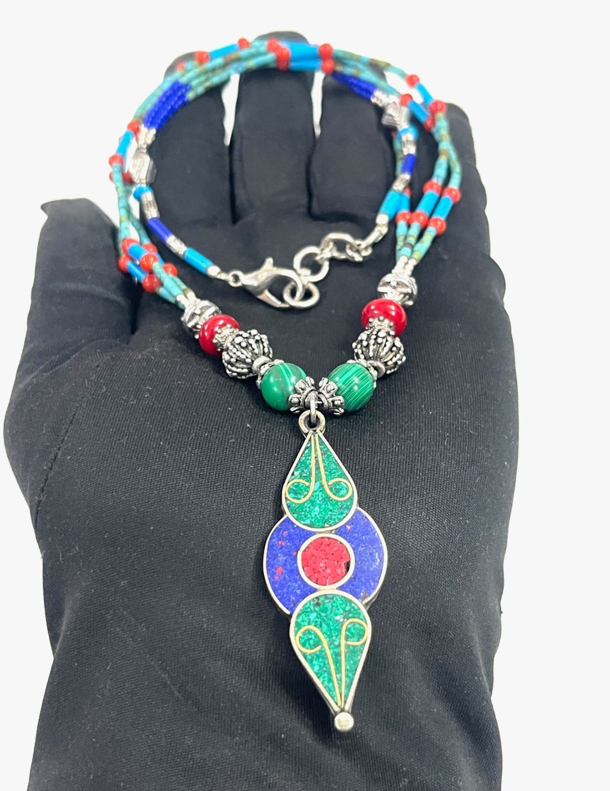 Turquoise Coral Gemstone Tibetan Bohemian Necklace Jewelry, 18 Inc Adjst