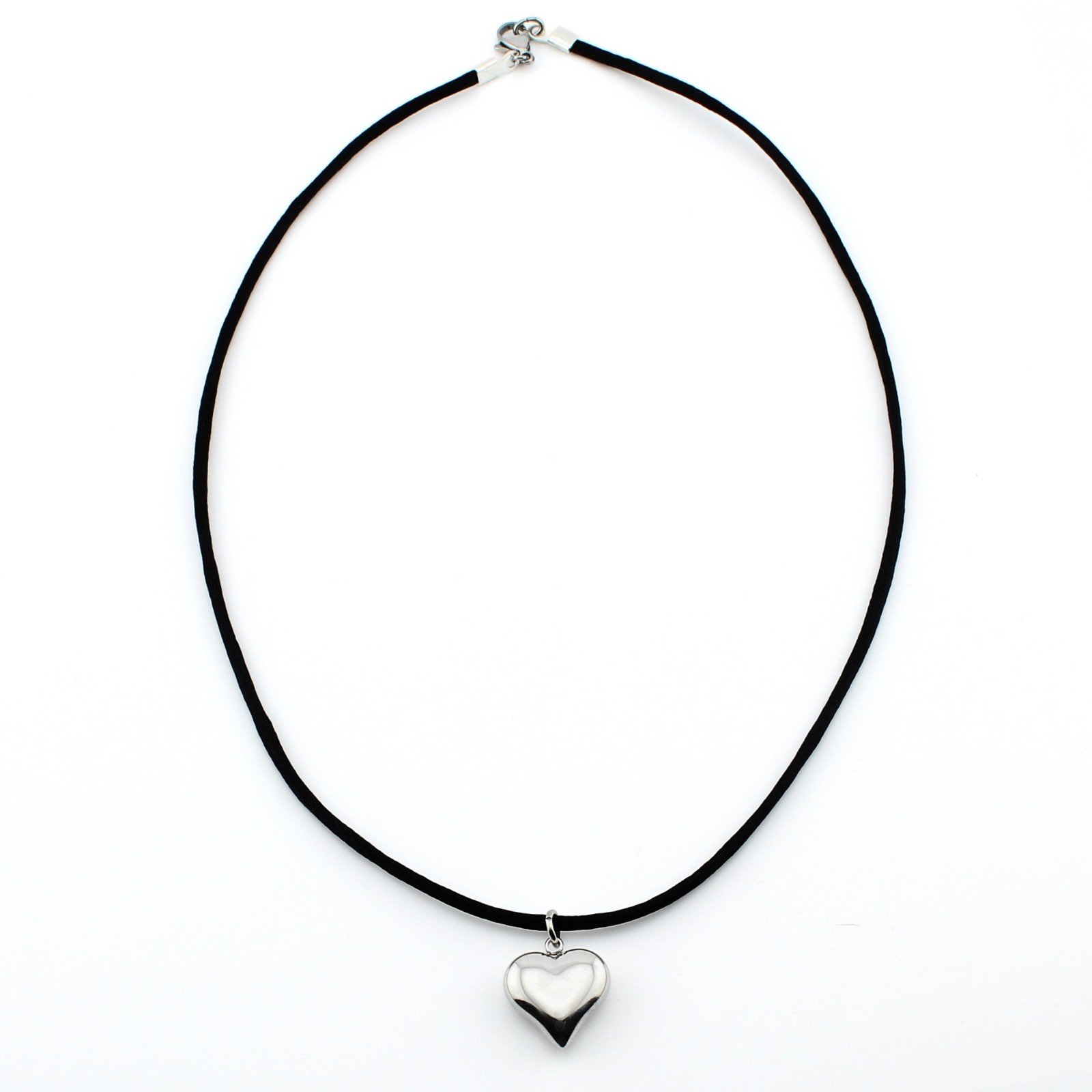 Stainless Steel Puffy Heart Pendant Necklace Satin Silk Cord 16-30″ Women Girls