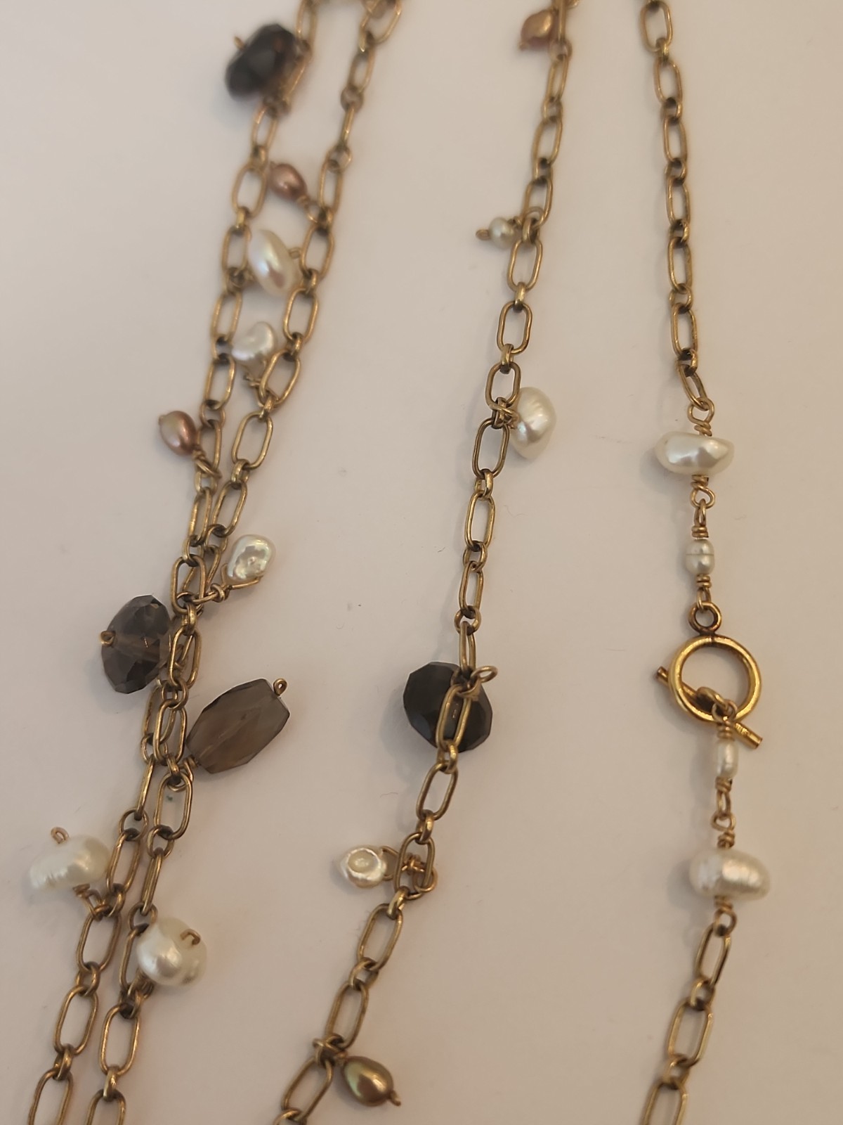 14k Gold Filled Paper Clip Chain Pearl Purple Glass Bead Accents Opera Length