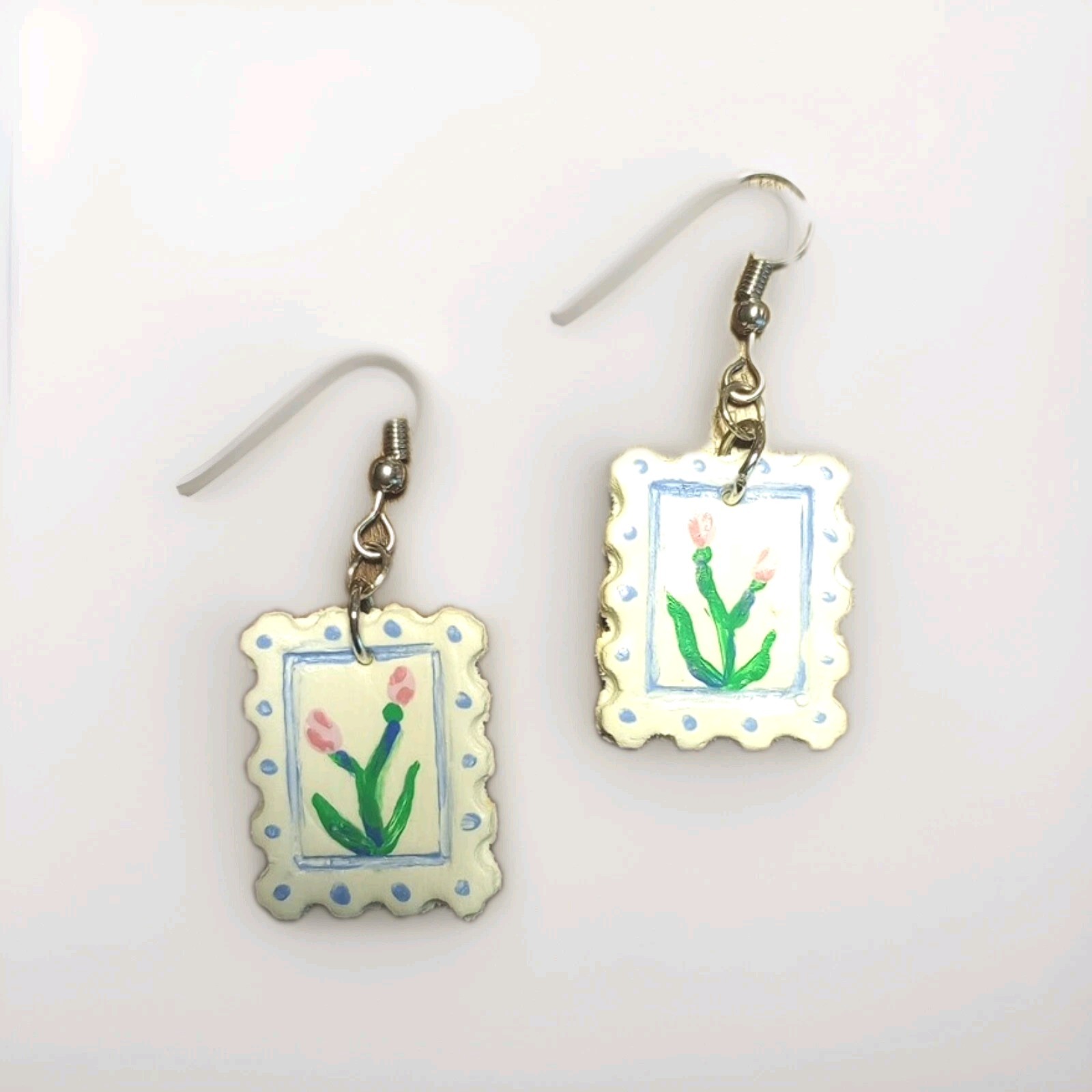 Floral Postage Stamp Earring Handmade Air Dry Clay Wearable Art Drop Hook