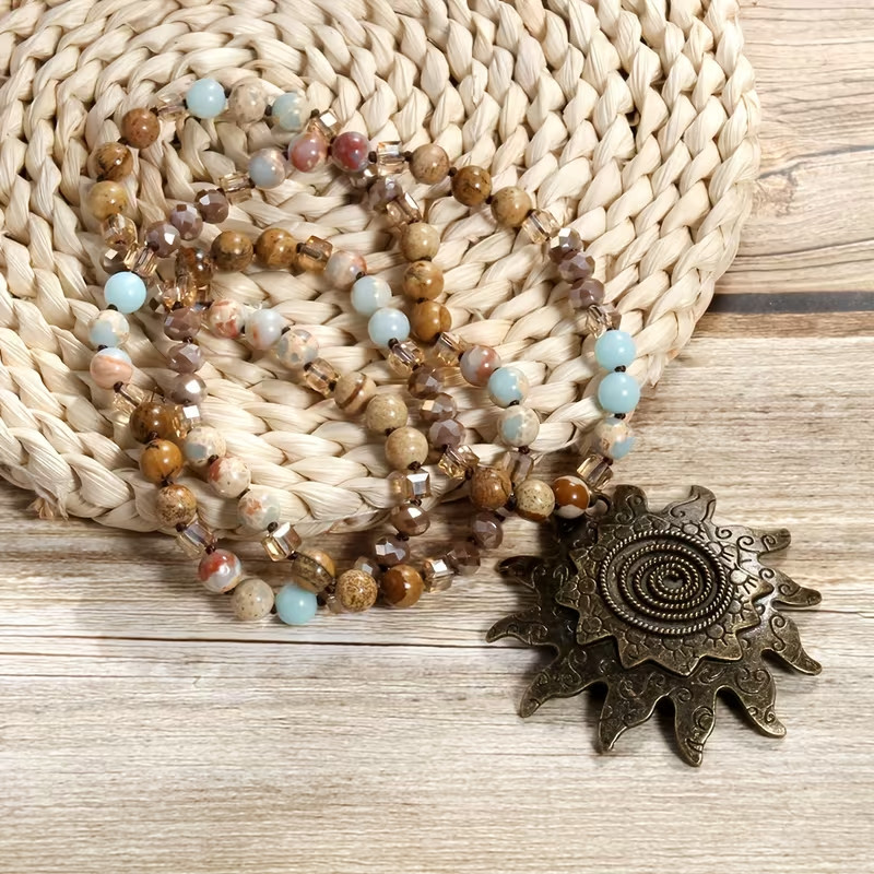 Vintage Tribal Natural Stone & Glass Necklace w Cyan Sun Moon Pendant 35″