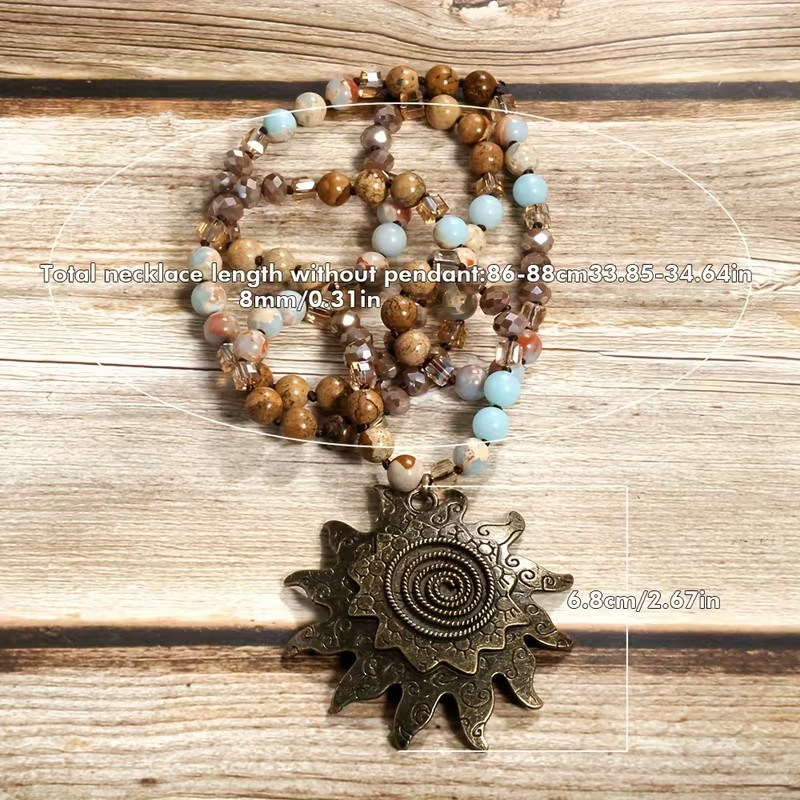 Vintage Tribal Natural Stone & Glass Necklace w Cyan Sun Moon Pendant 35″