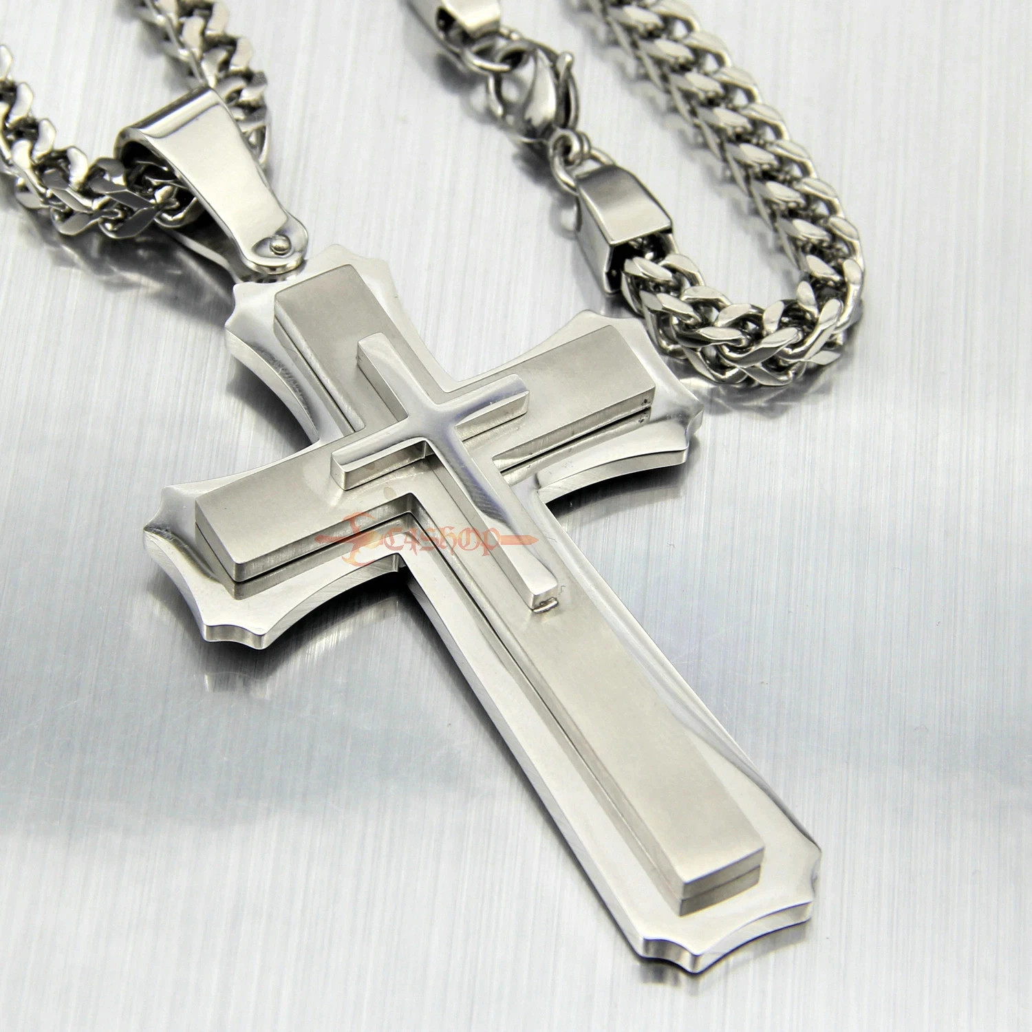 Huge Stainless Cross Men’s Necklace Pendant Heavy Large Silver Polished 3 Layer