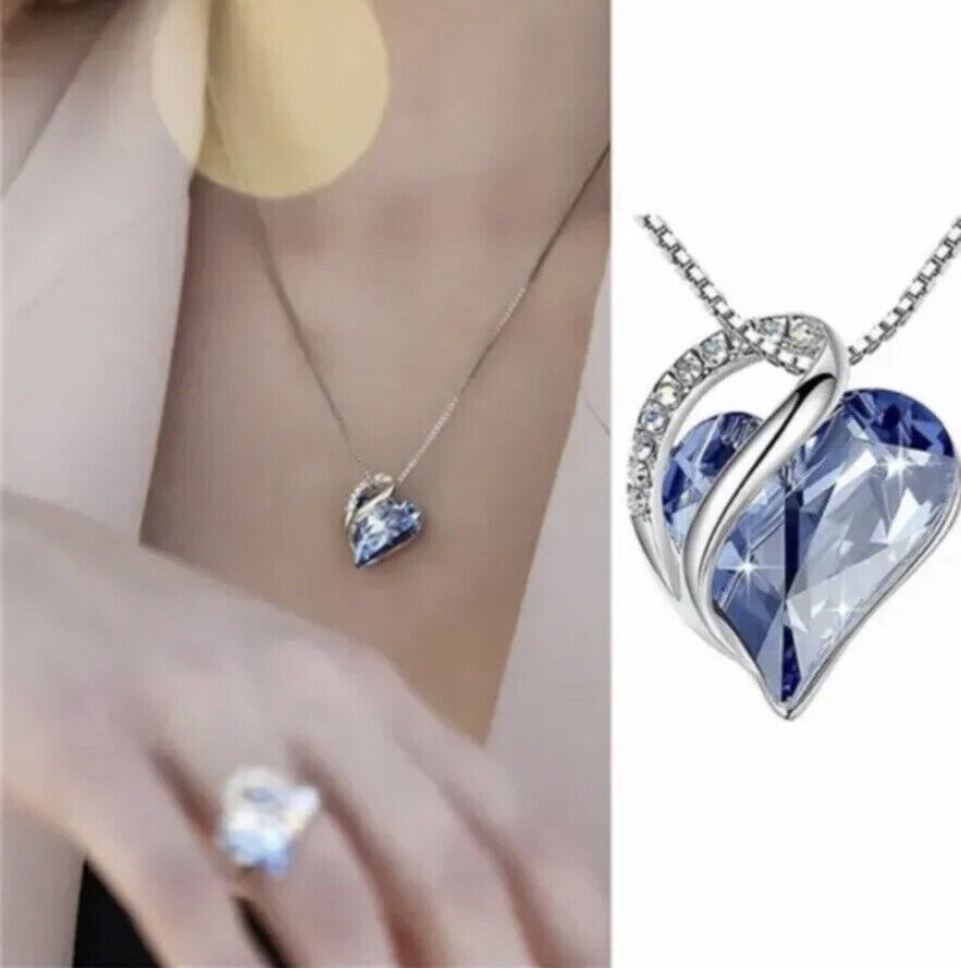 Birthstone Crystal Heart Shape Pendants Stainless Steel Necklace Women Girls