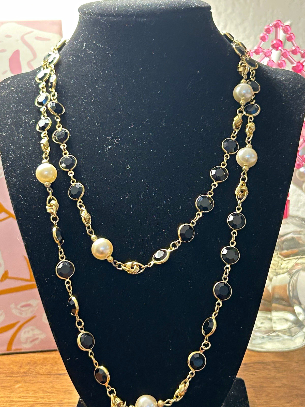 Vintage Swarovski Crystal Link Necklace Simulated Pearls Black Glass Bezel