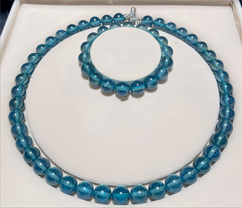 Blue Green Round Bead Star Sapphire . Lab-Created Sapphire Bracelet Necklace Set