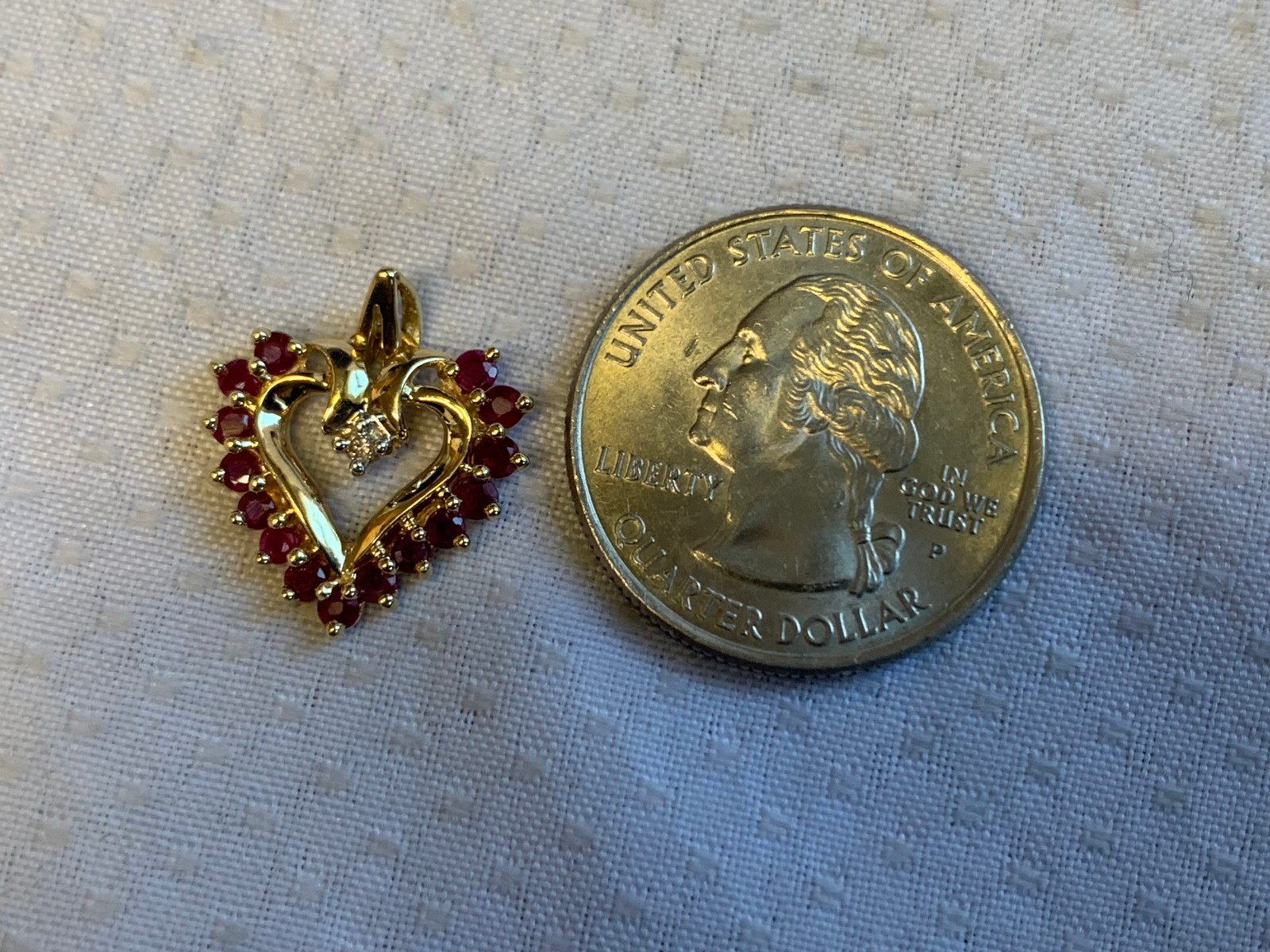 10K Yellow Gold Heart Pendant 1.63g Fine Jewelry Clear & Ruby Color Charm *READ*