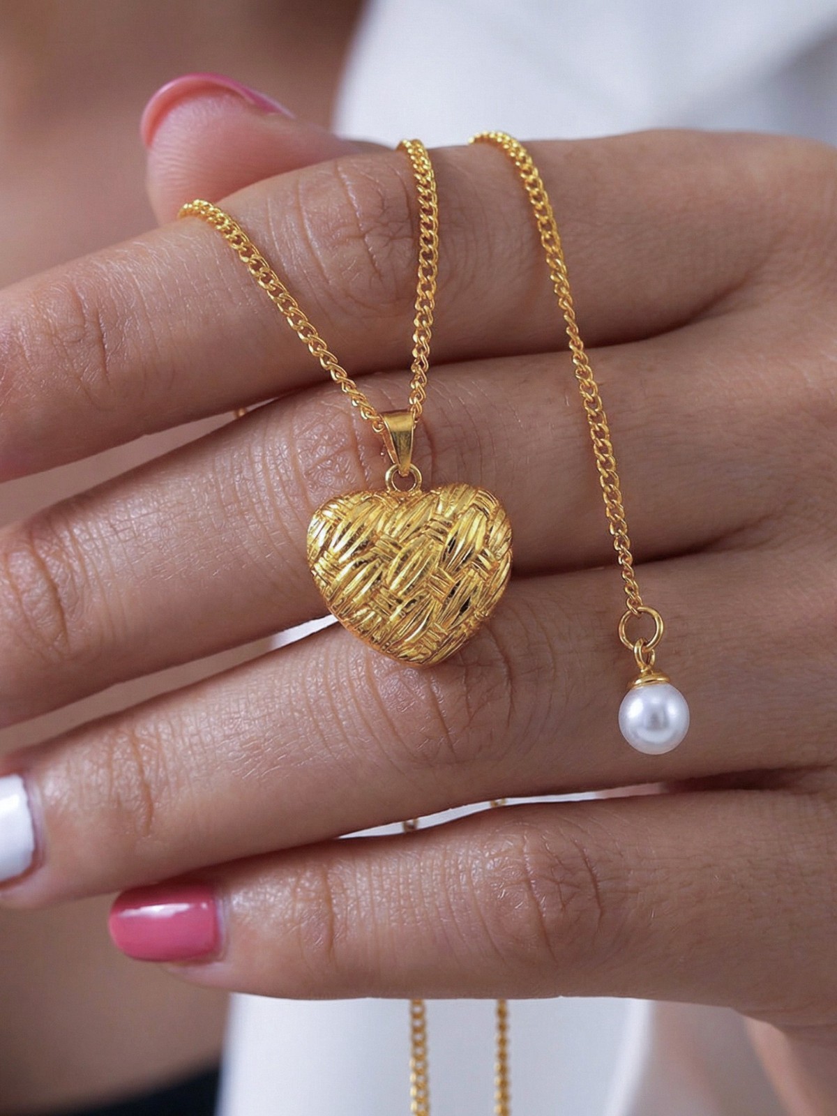 18K Gold Plated Stainless Steel Heart Pendant Faux Pearl Drop Necklace