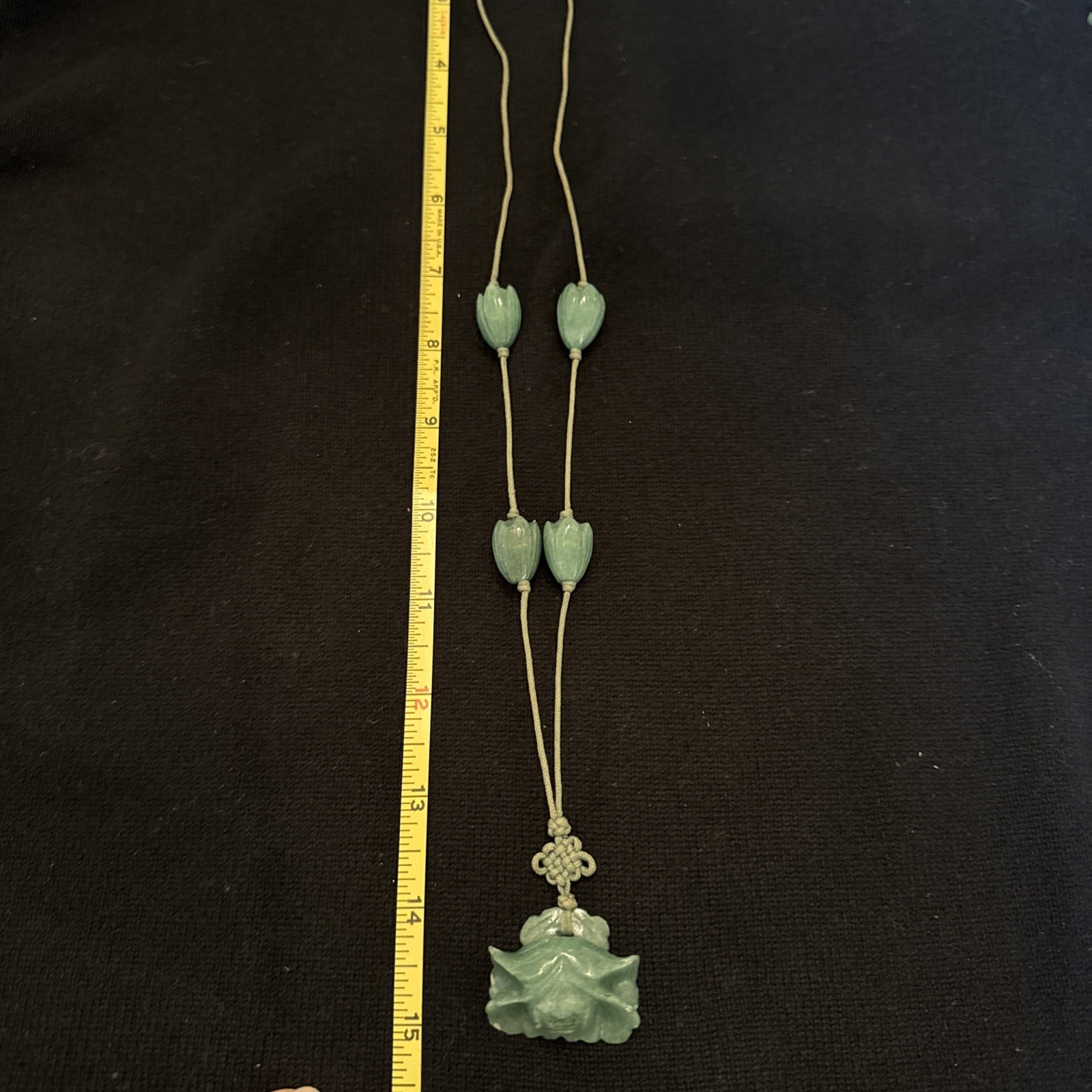 Jade “Flower” Necklace 15in Drop, On Cord.
